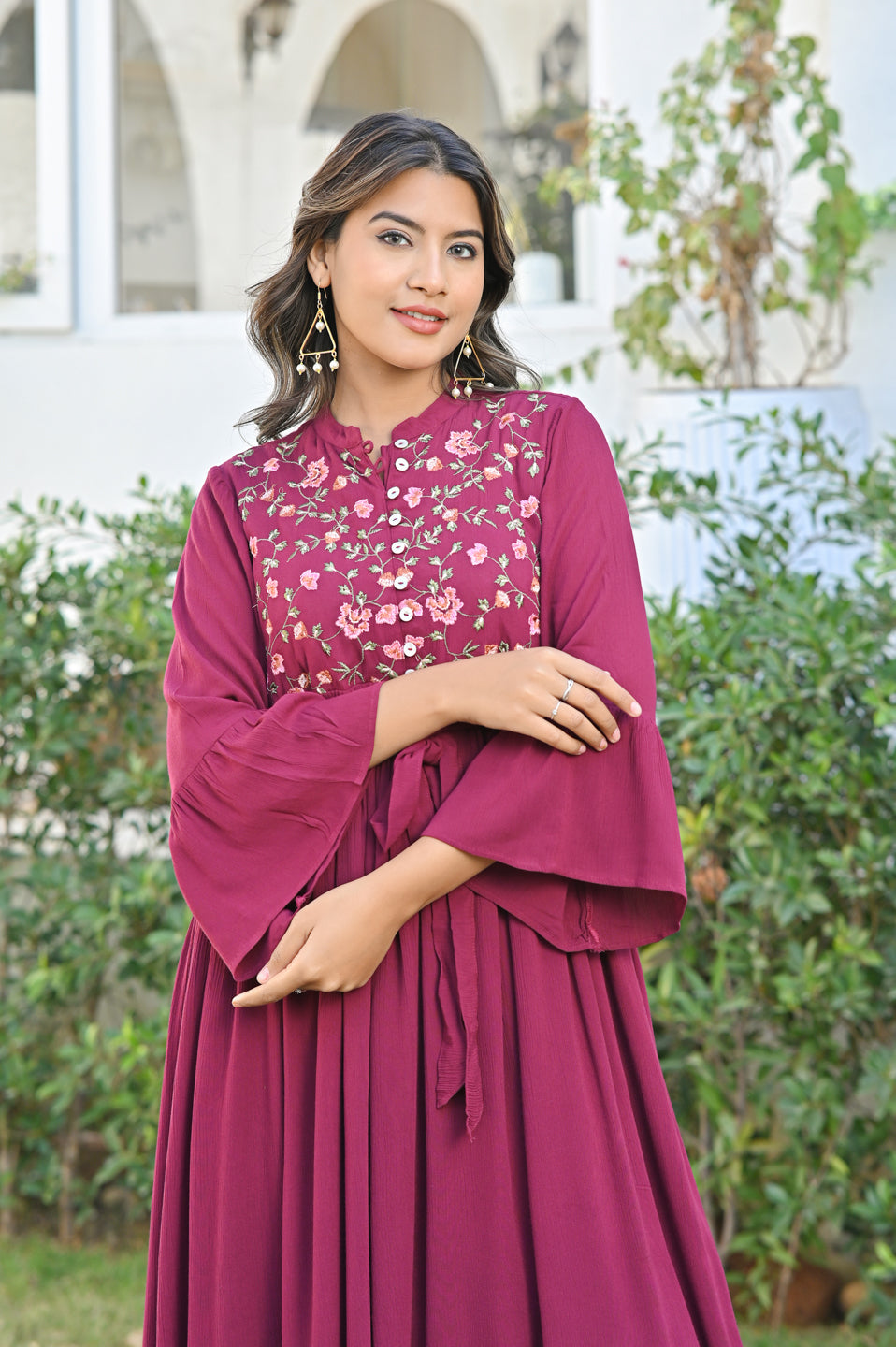 Wine Embroidered Crepe Dress