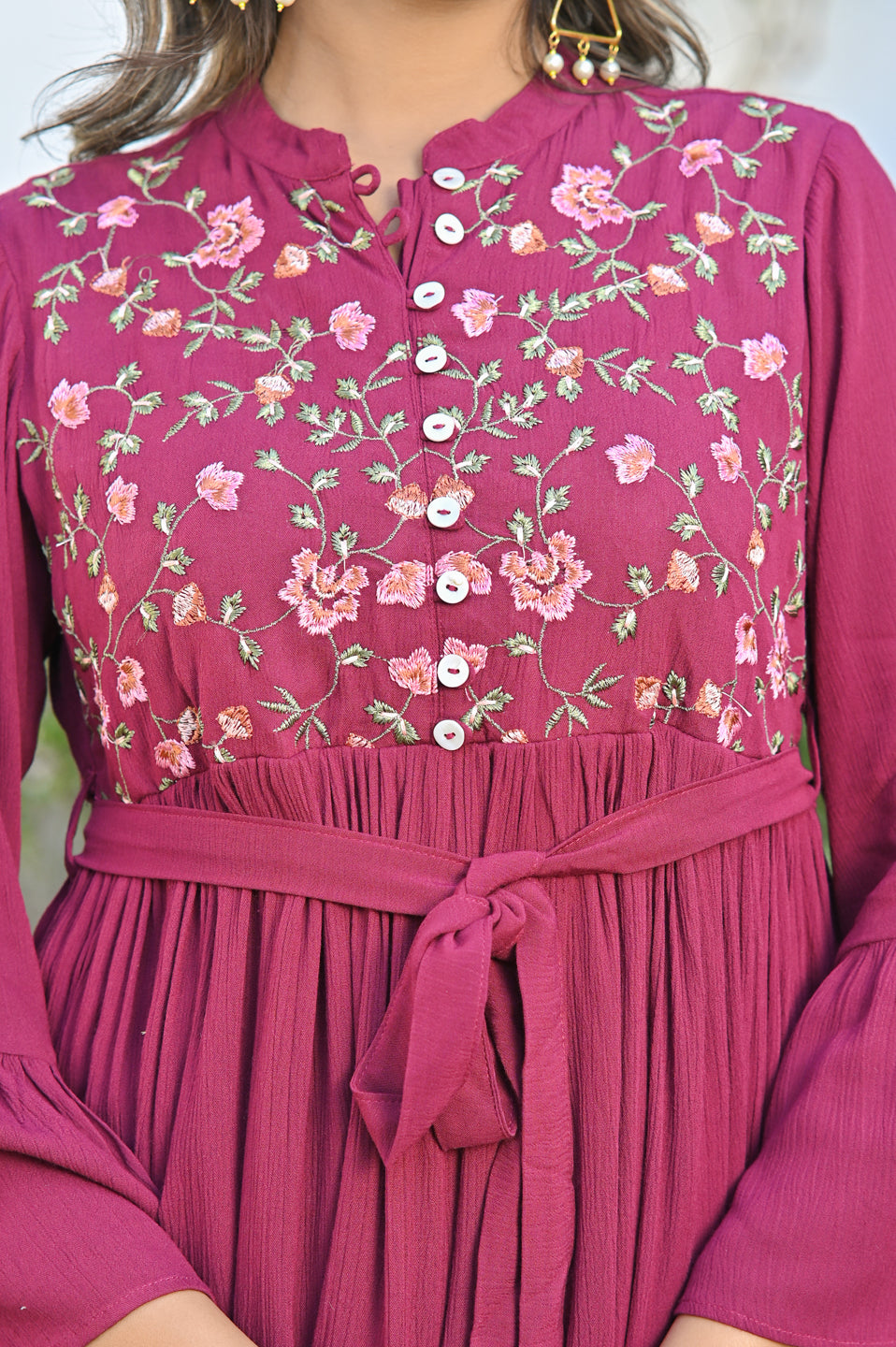 Wine Embroidered Crepe Dress