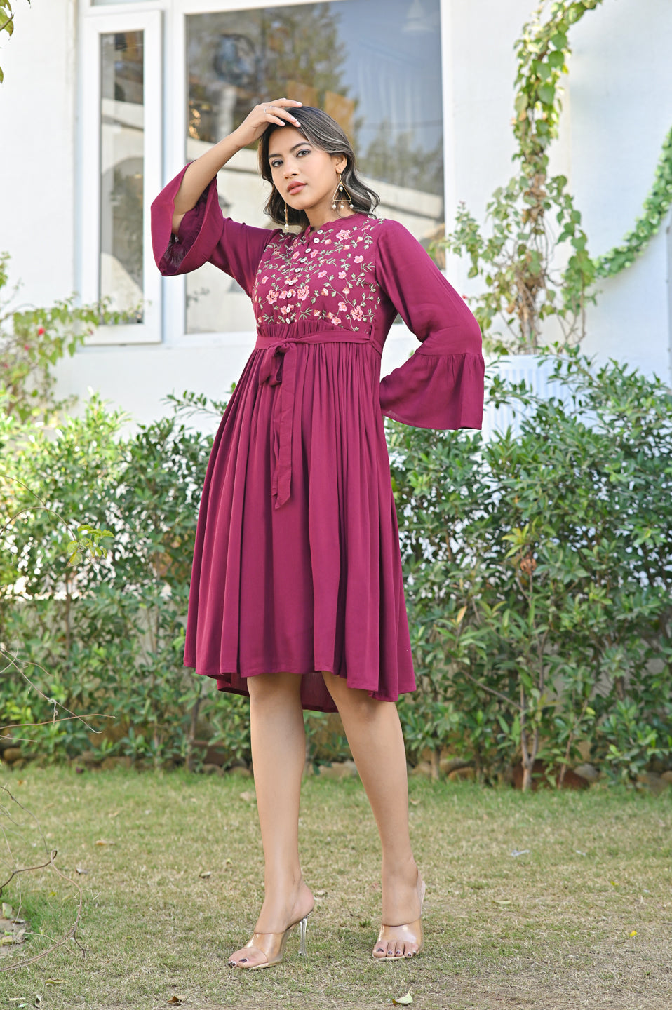 Wine Embroidered Crepe Dress