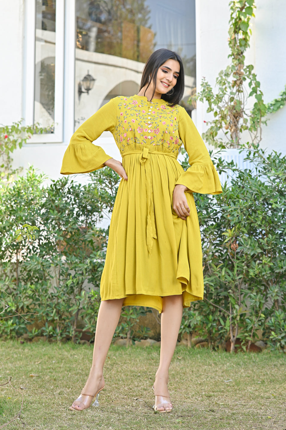 Mustard Embroidered Crepe Dress