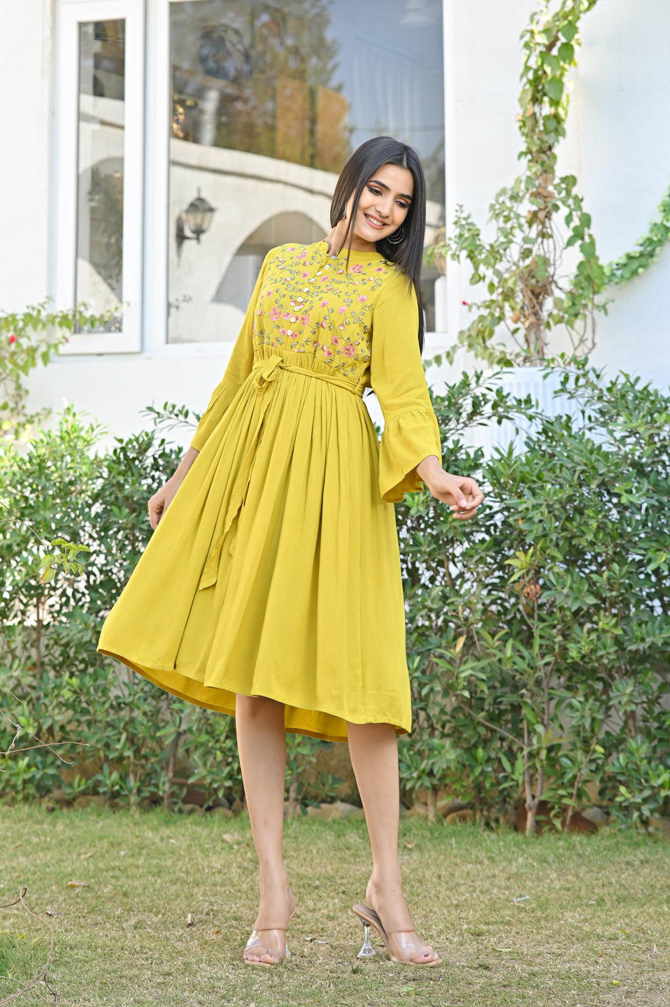 Mustard Embroidered Crepe Dress