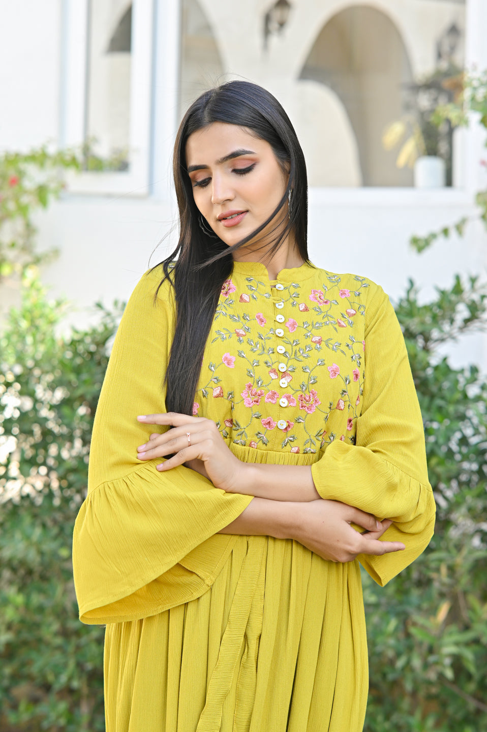 Mustard Embroidered Crepe Dress