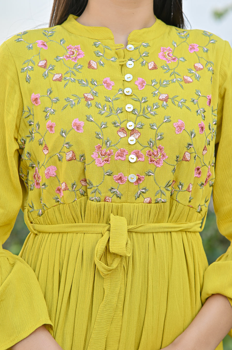 Mustard Embroidered Crepe Dress