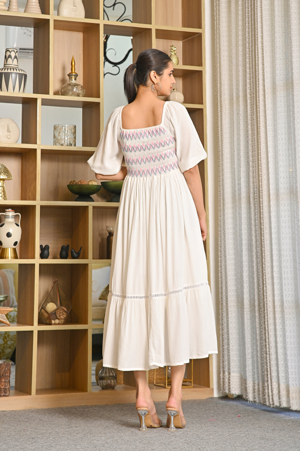 Off White Crepe Tiered Dress