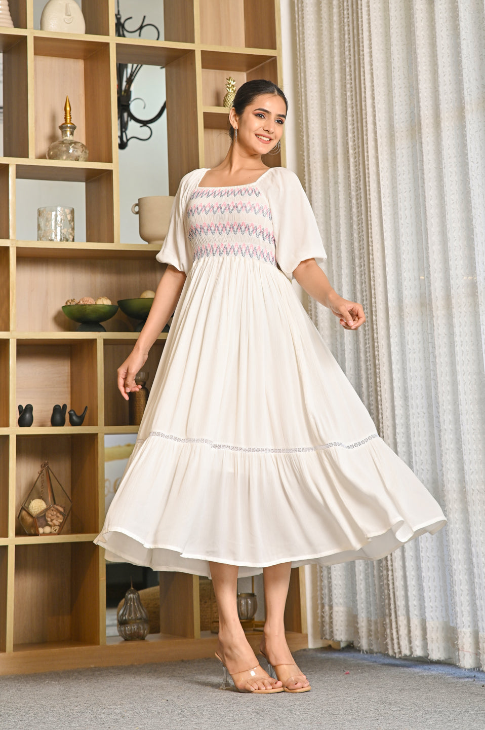 Off White Crepe Tiered Dress