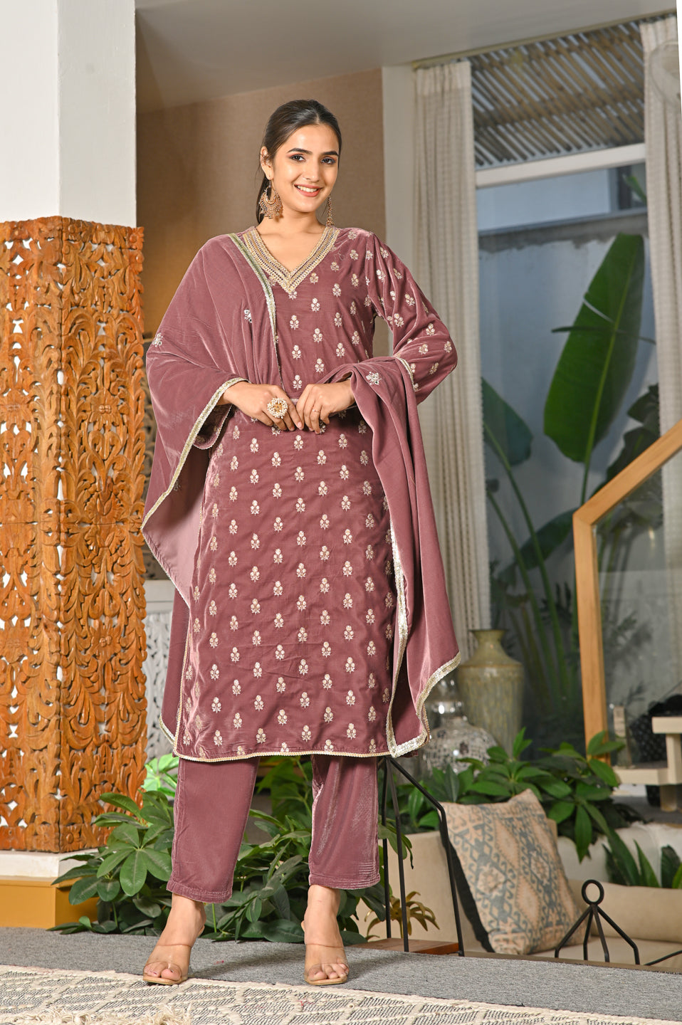 Regal Velvet Embroidered Suit Set