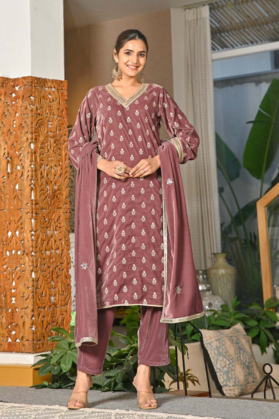 Regal Velvet Embroidered Suit Set