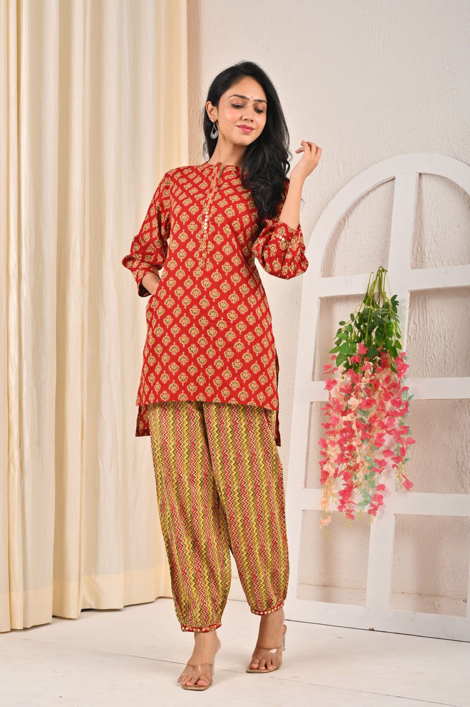 Red & Yellow Printed Cotton Kurta with Patiala Pants
