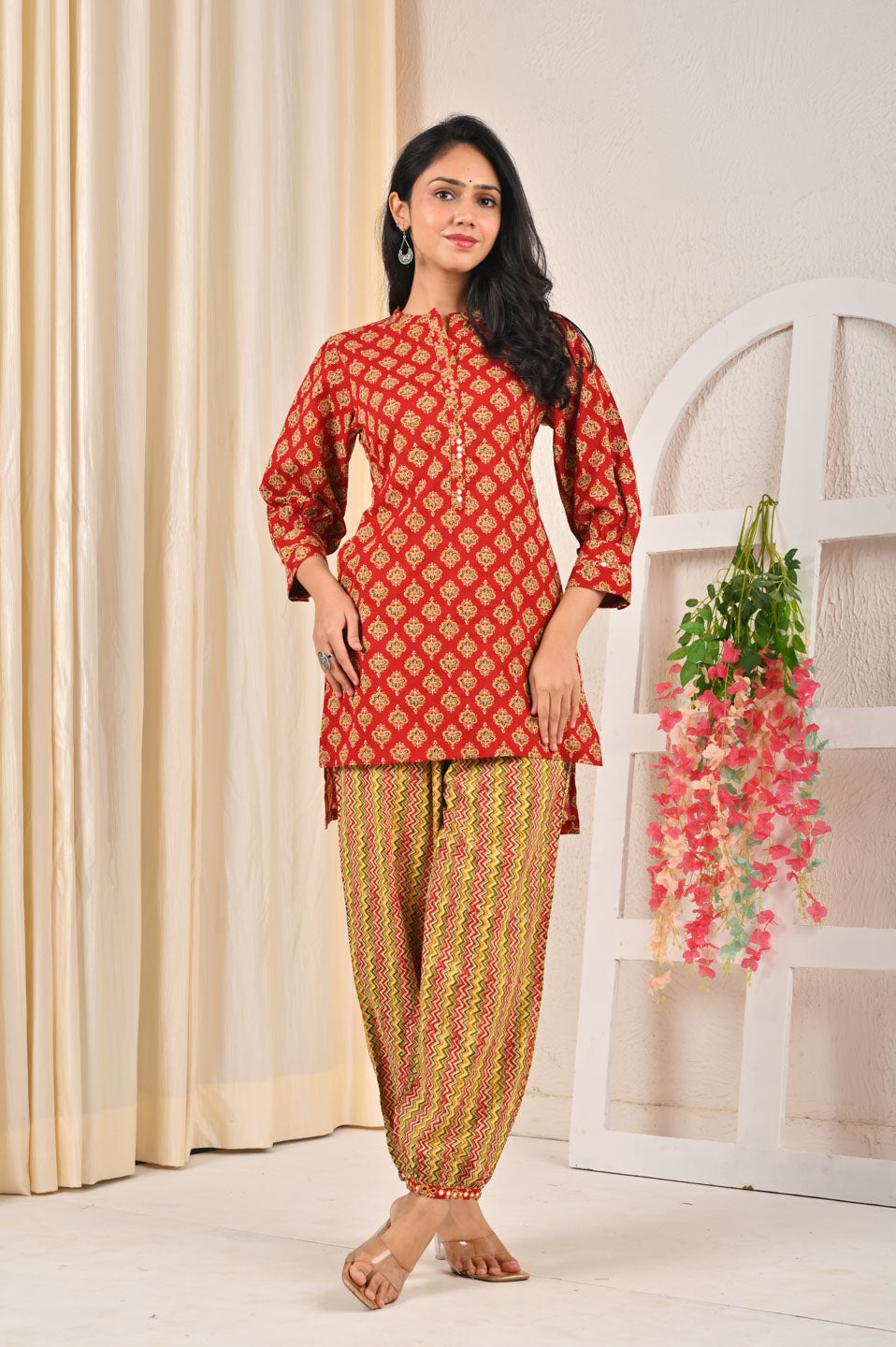 Red & Yellow Printed Cotton Kurta with Patiala Pants