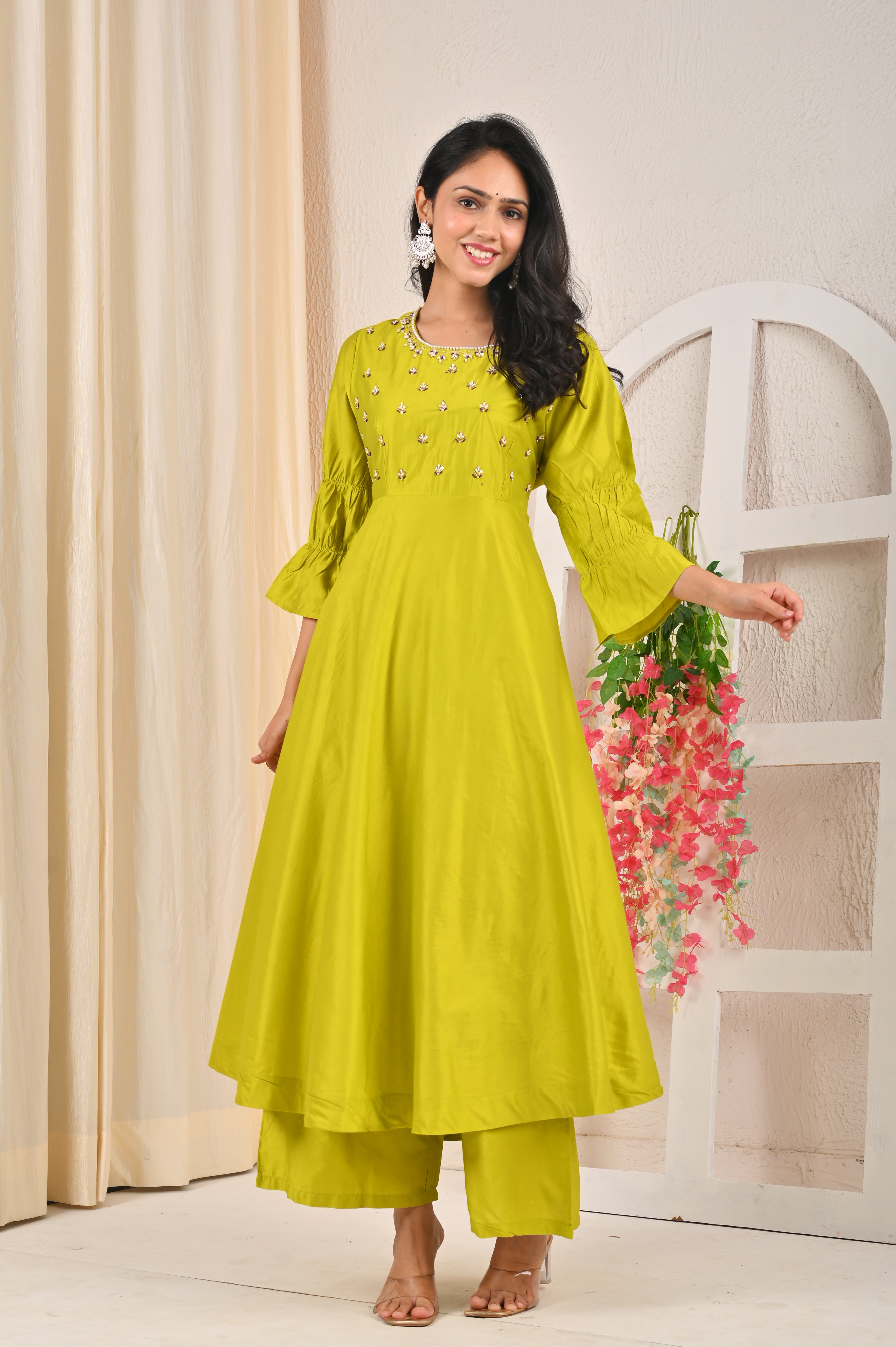 Lime Green Ghadwal Anarkali suit Set