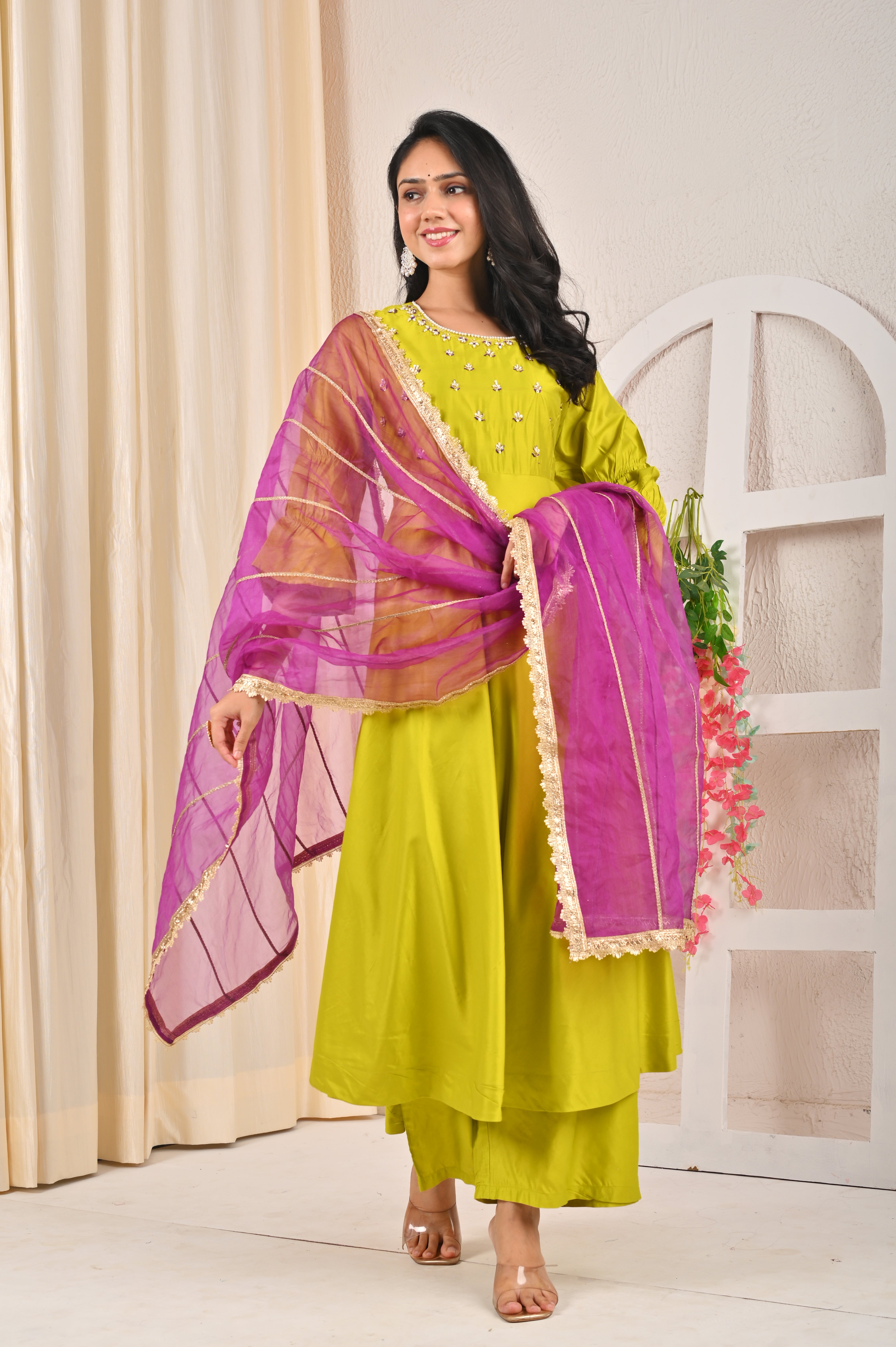 Lime Green Ghadwal Anarkali suit Set