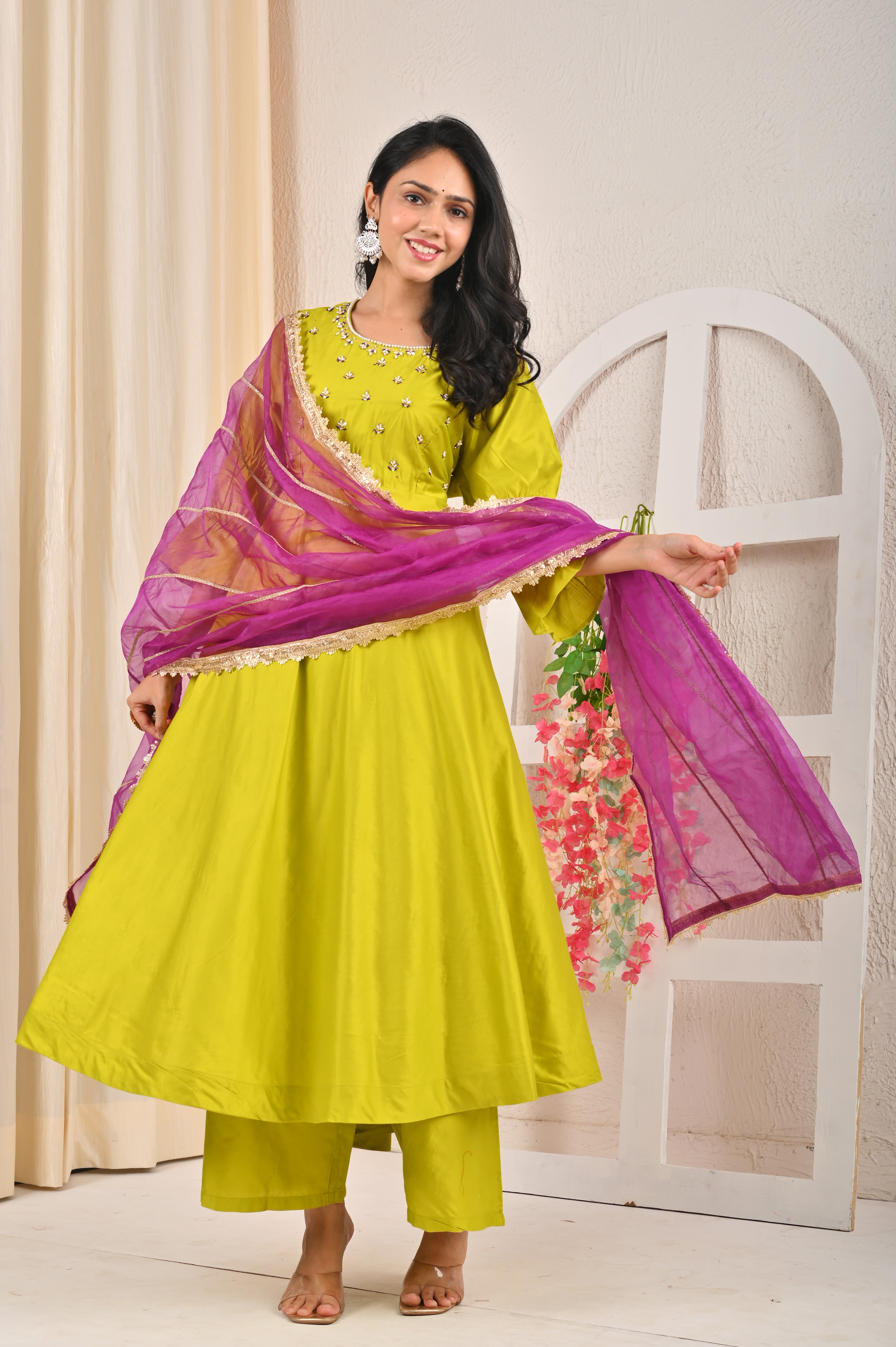 Lime Green Ghadwal Anarkali suit Set