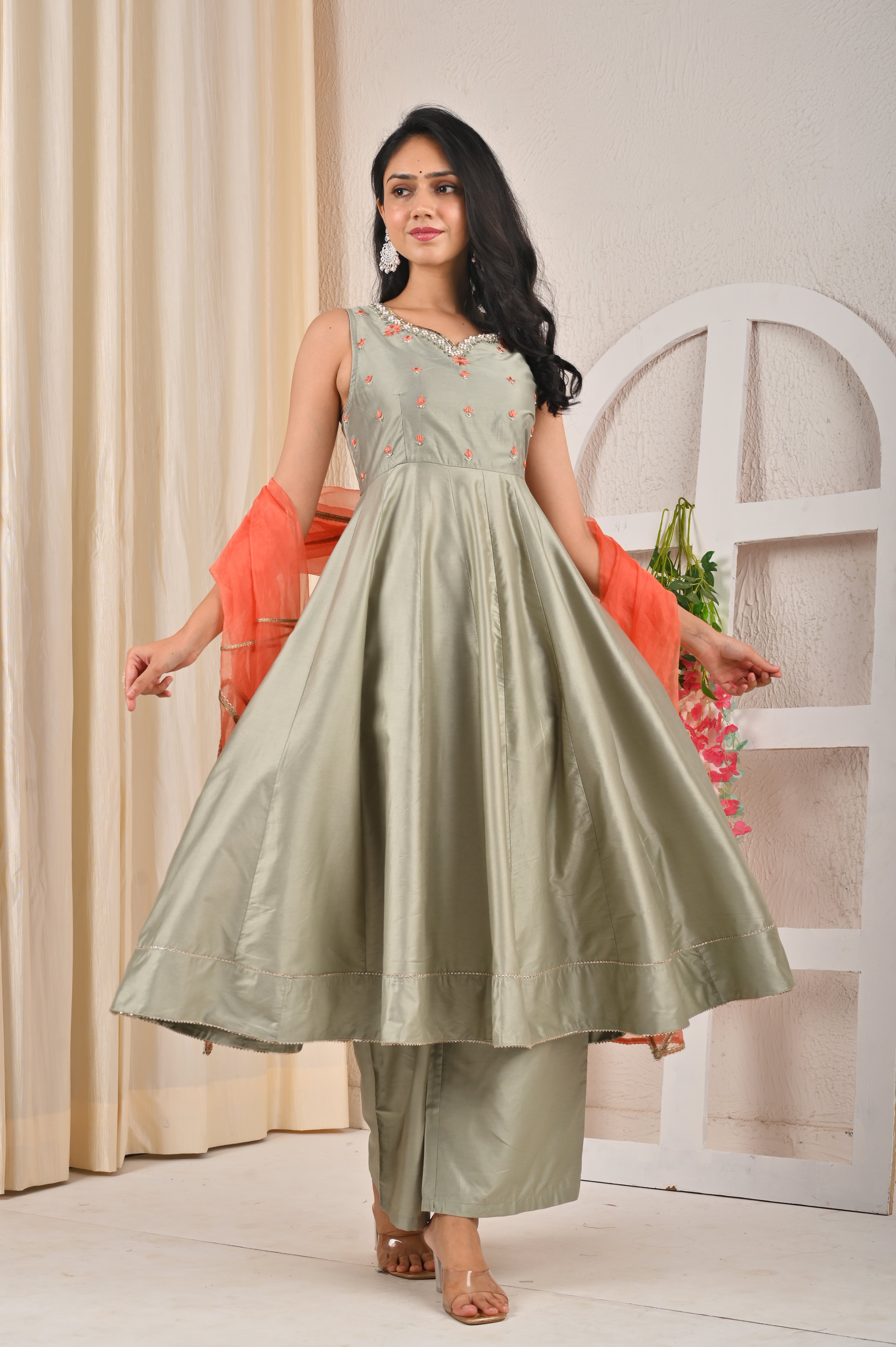 Lime Green Ghadwal Anarkali suit Set