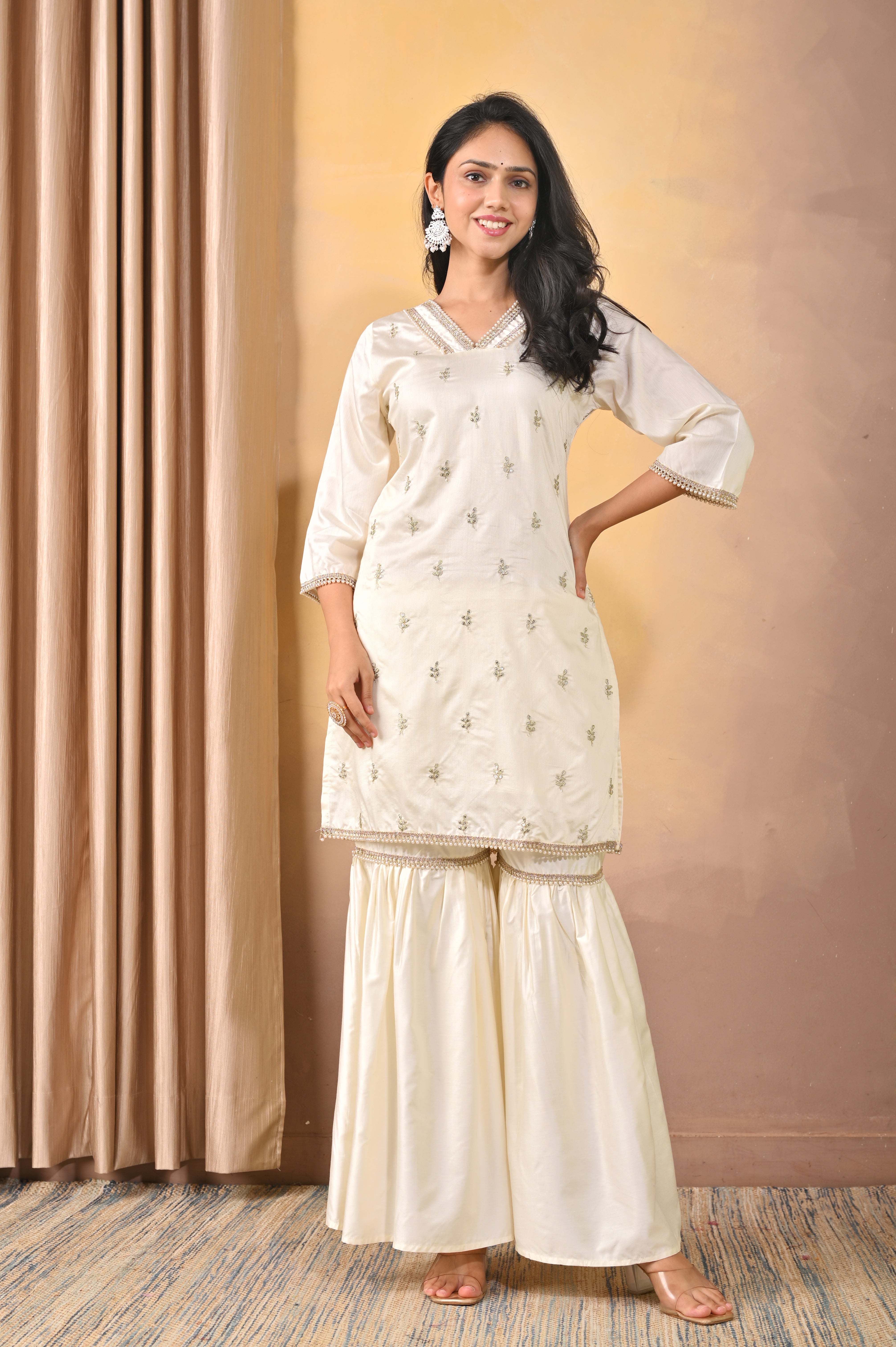 Handcrafted Ivory Ghadwal Fabric Sharara Set