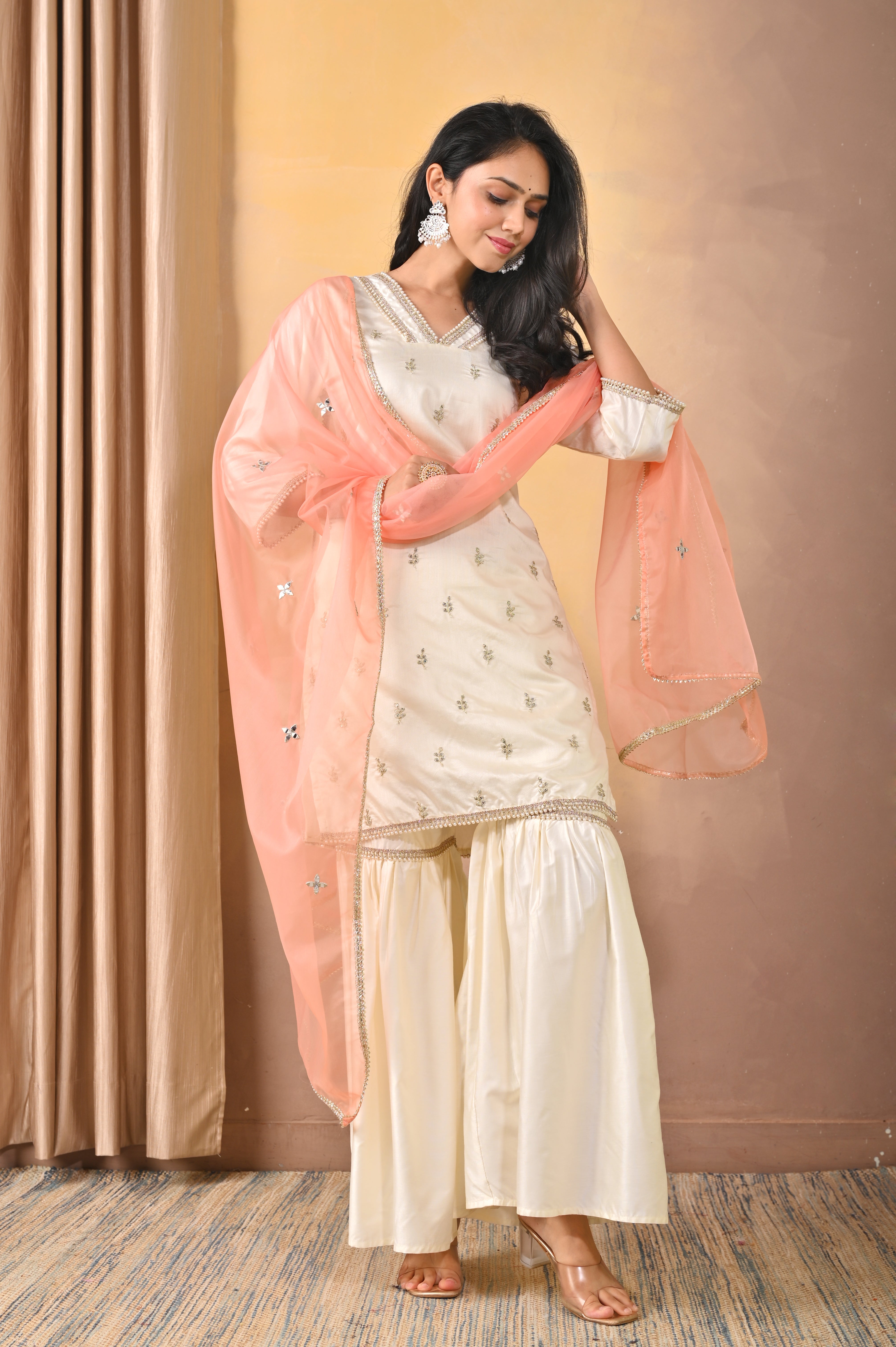 Handcrafted Ivory Ghadwal Fabric Sharara Set