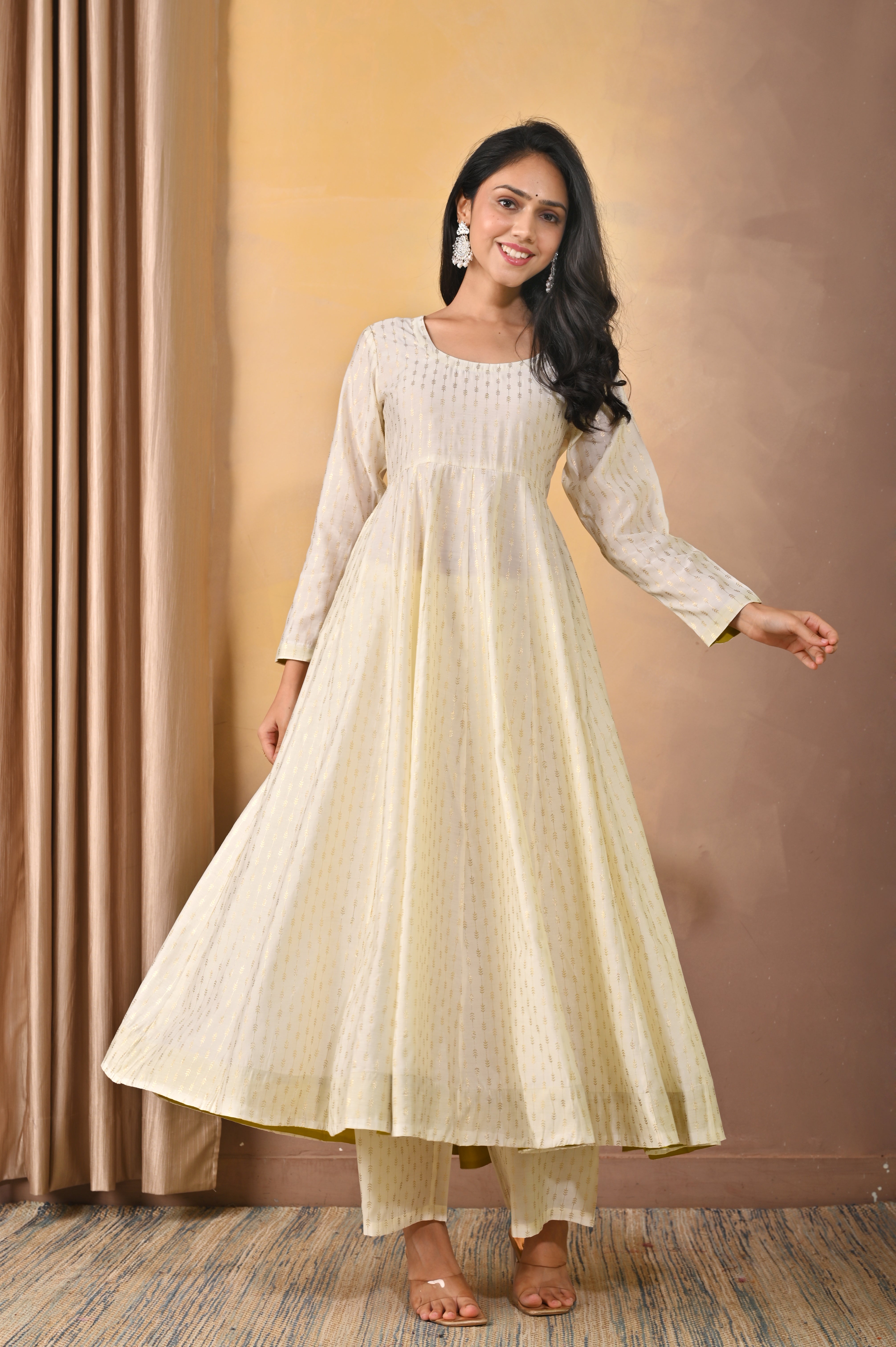 Elegant Ivory Poly Printed Anarkali Set