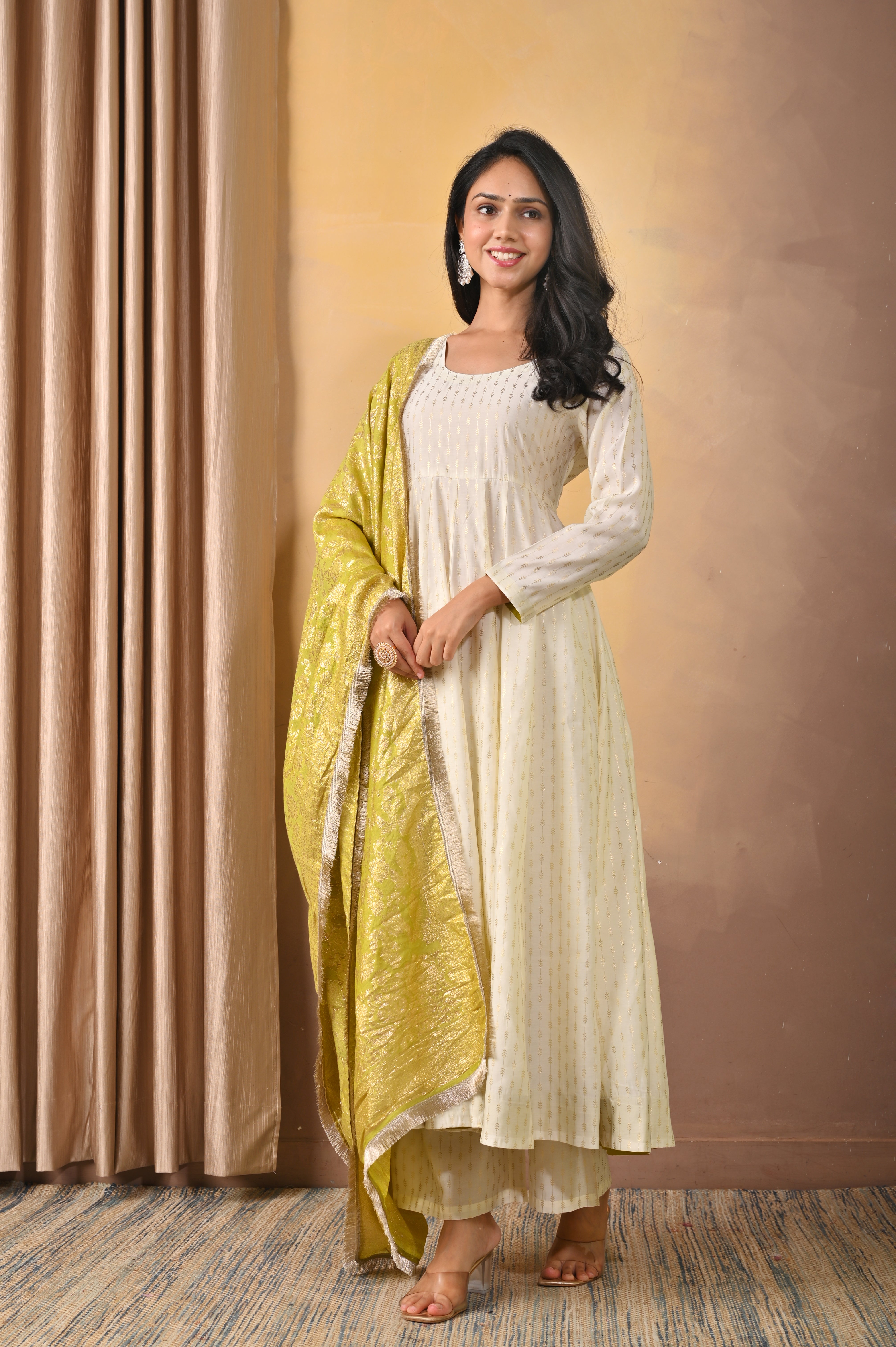 Elegant Ivory Poly Printed Anarkali Set