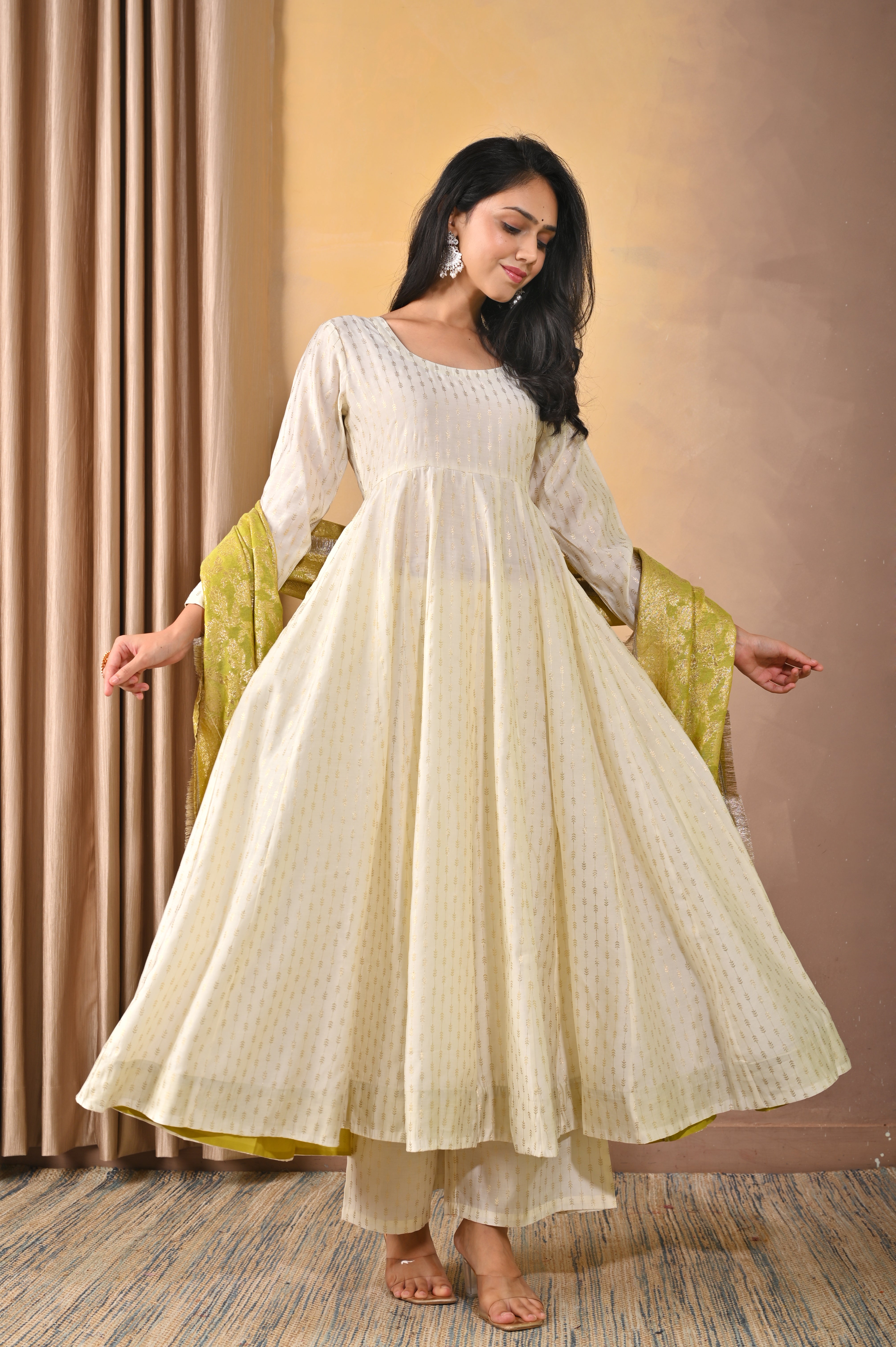Elegant Ivory Poly Printed Anarkali Set