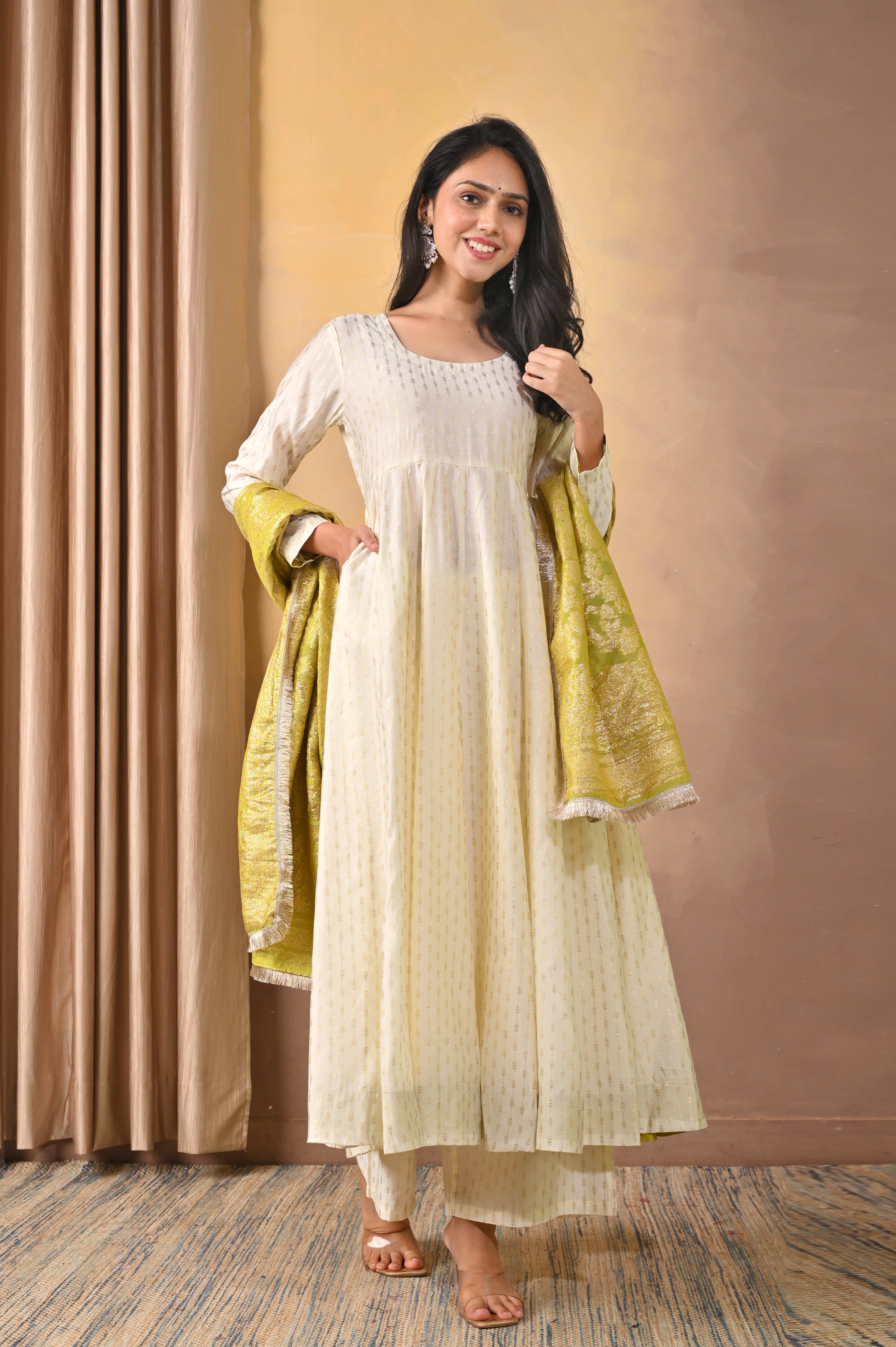 Elegant Ivory Poly Printed Anarkali Set