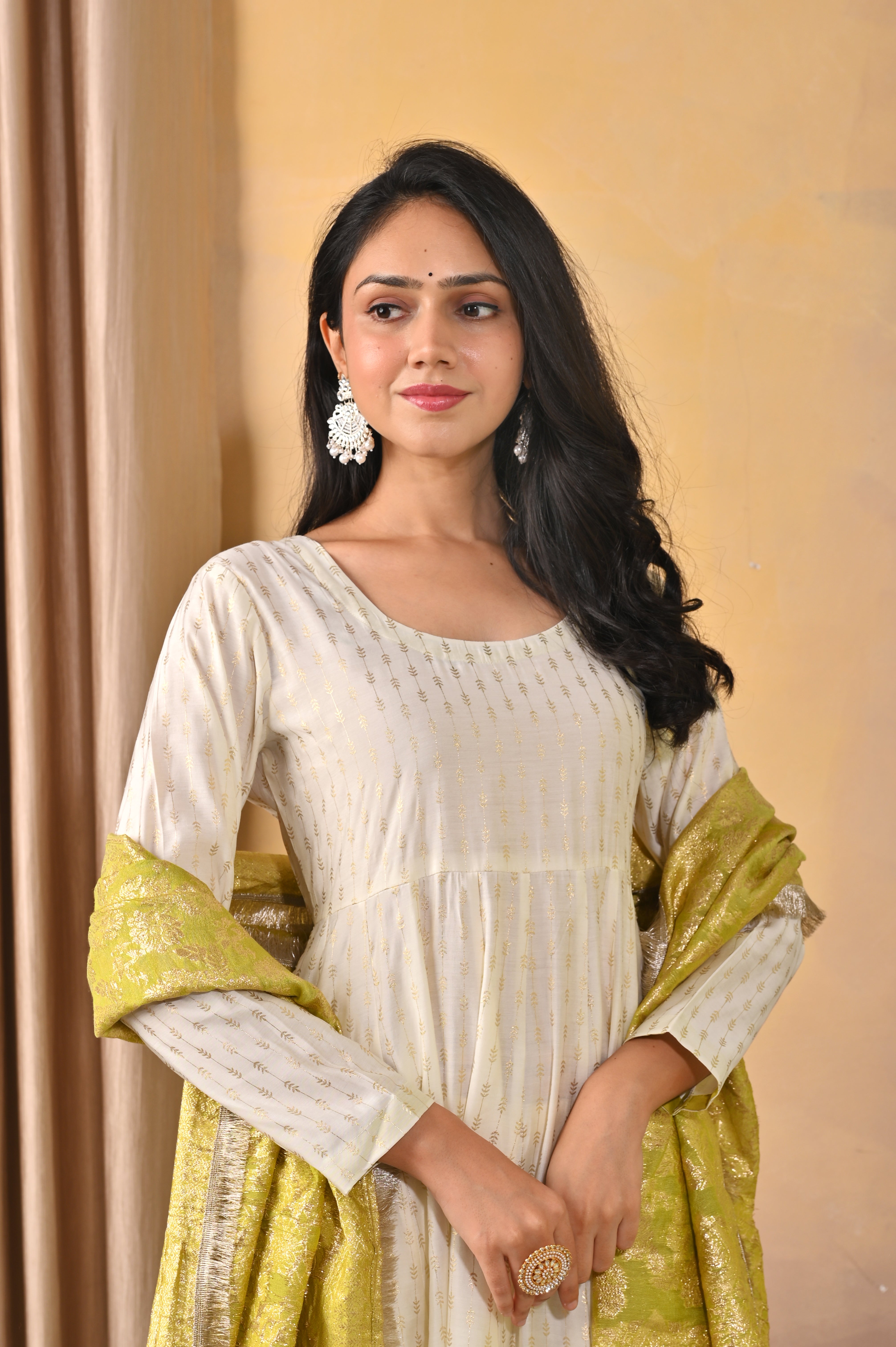 Elegant Ivory Poly Printed Anarkali Set