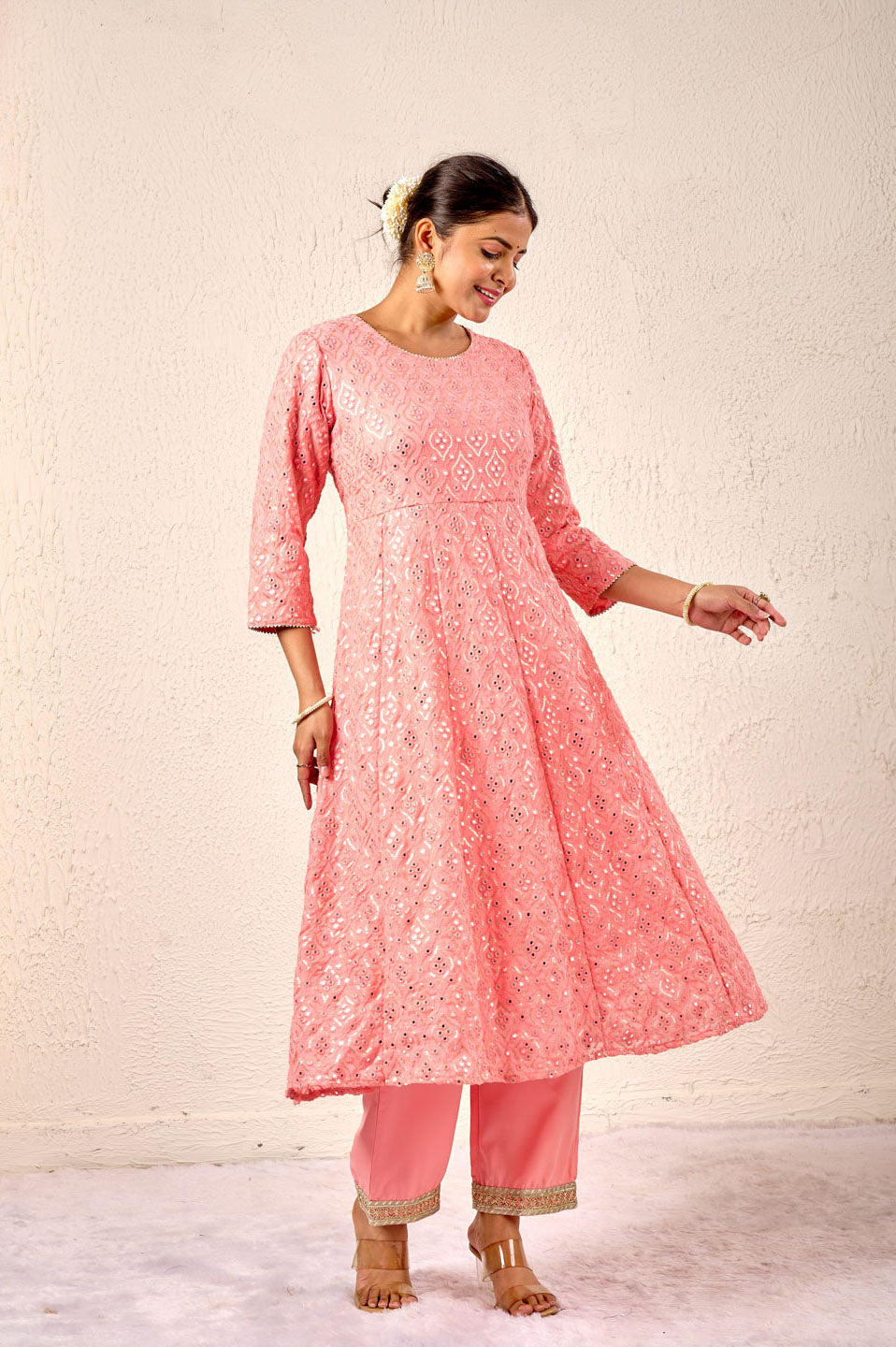 Elegant Peach Embroidered Anarkali Suit Set
