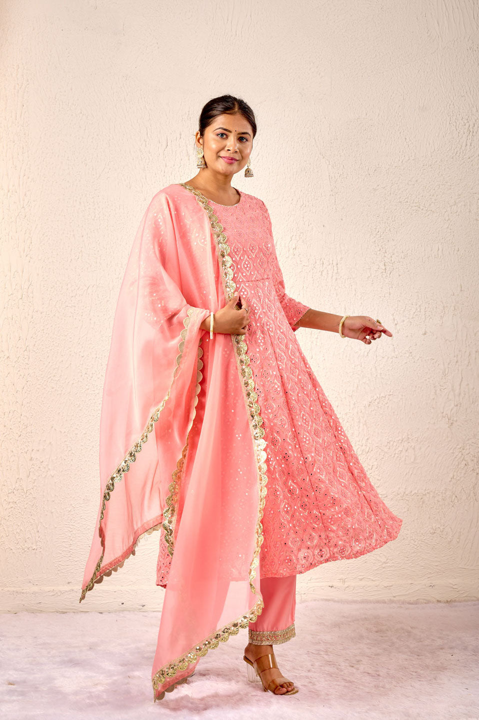 Elegant Peach Embroidered Anarkali Suit Set
