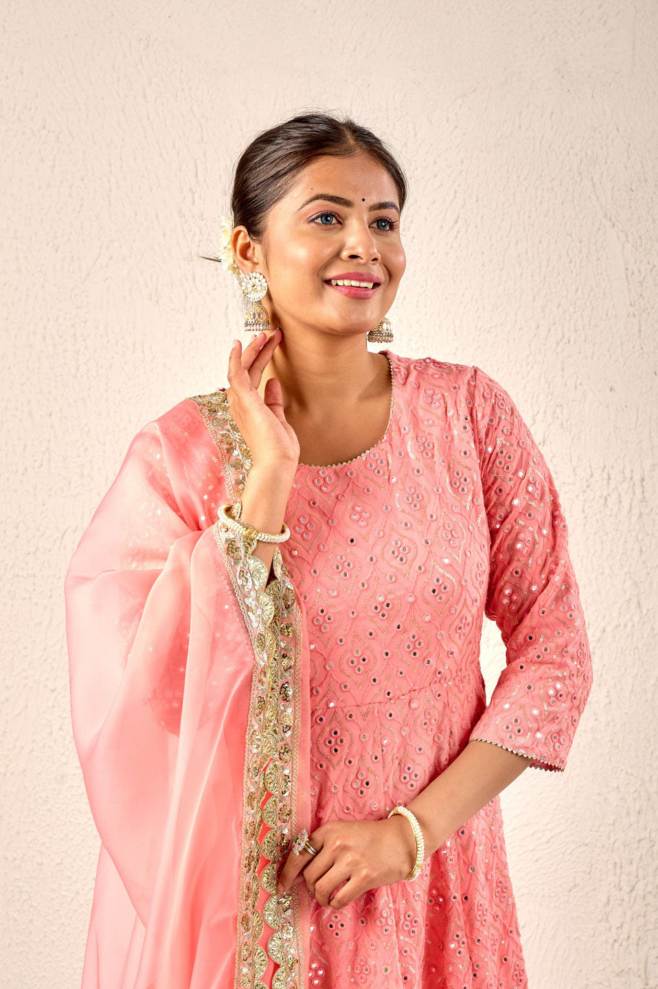 Elegant Peach Embroidered Anarkali Suit Set