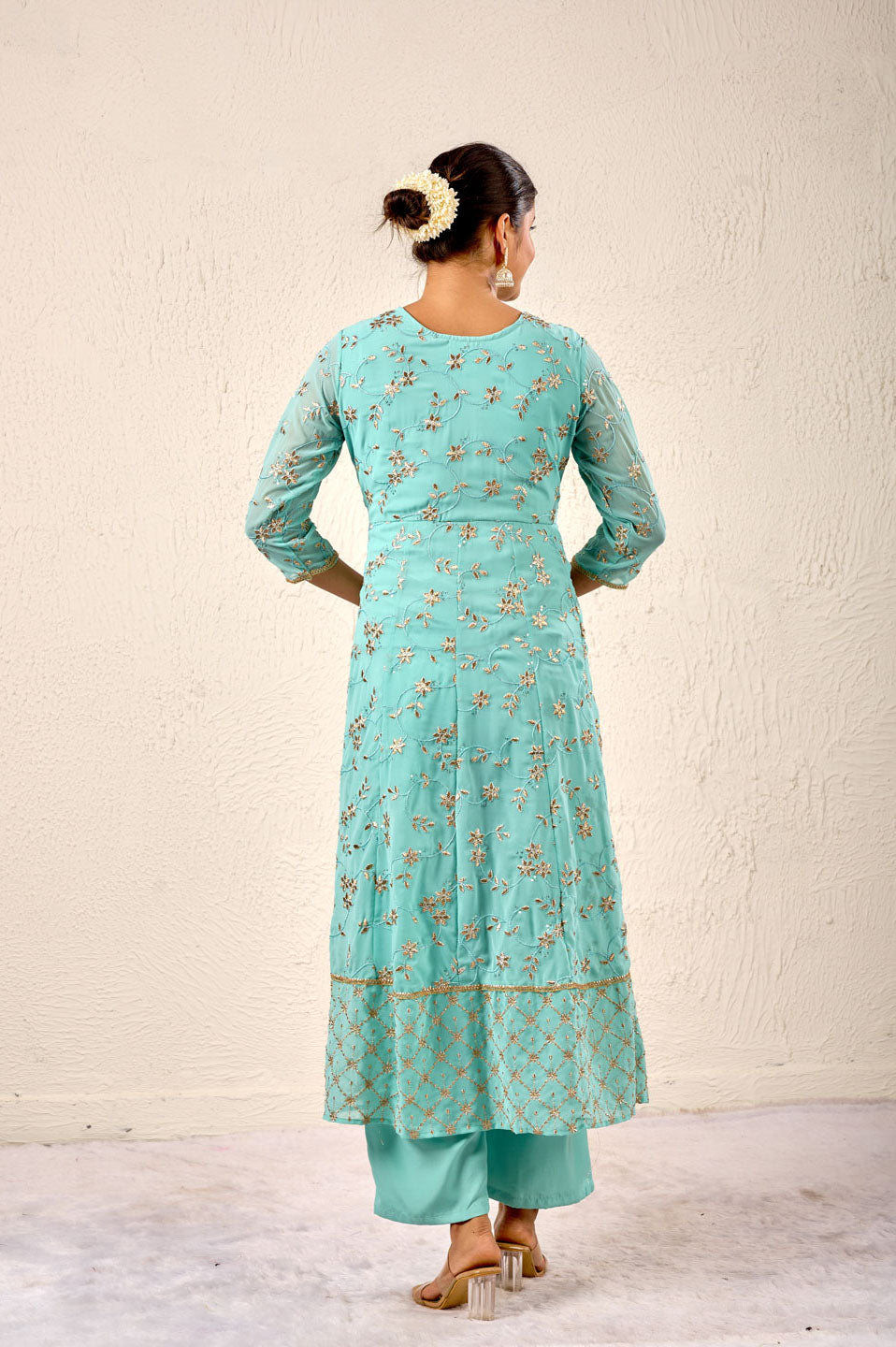 Turquoise Embroidered Anarkali Suit with Banarasi Dupatta