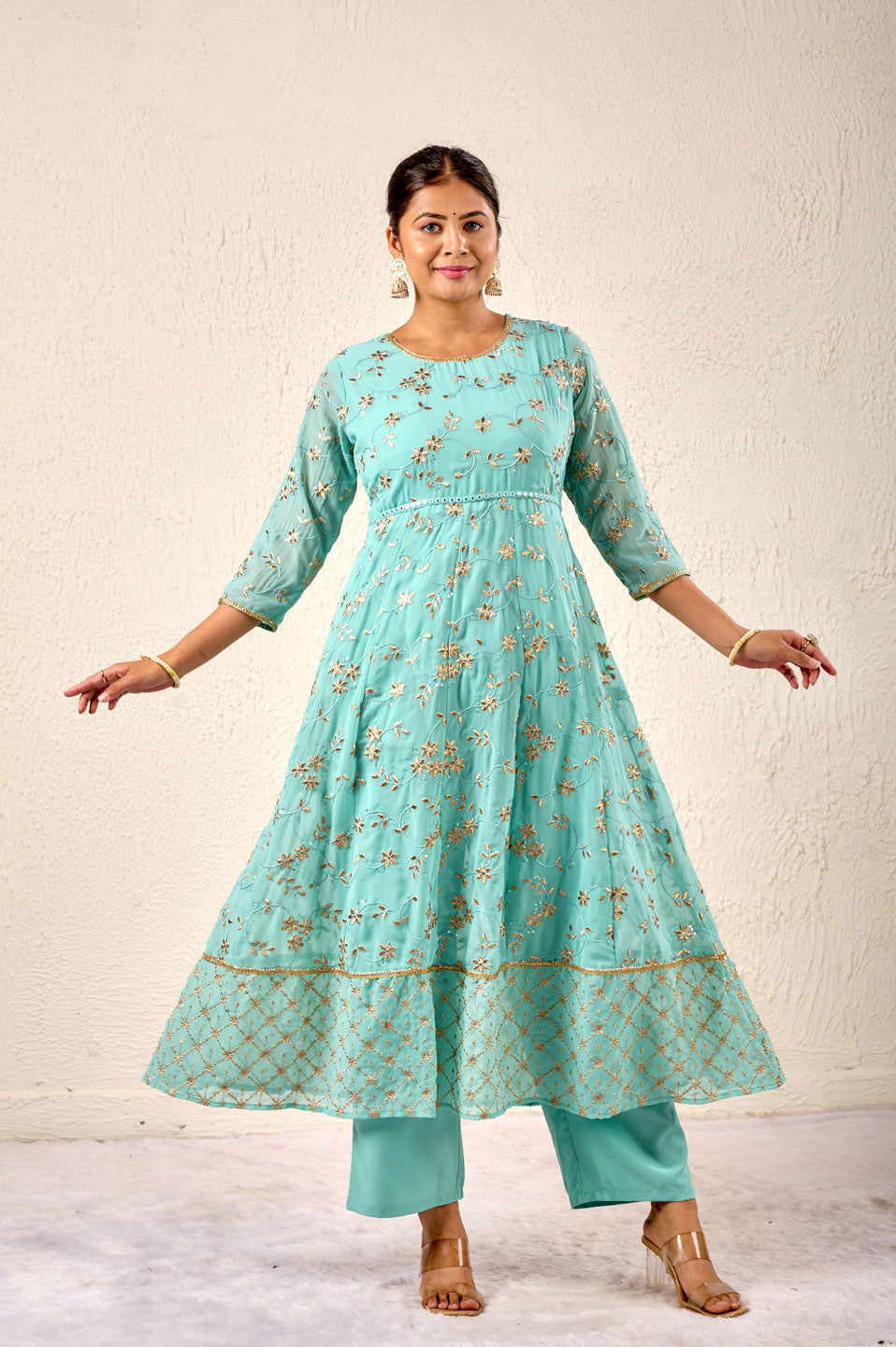 Turquoise Embroidered Anarkali Suit with Banarasi Dupatta