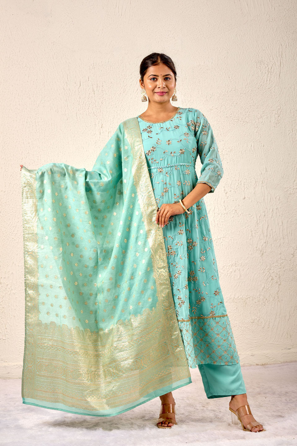Turquoise Embroidered Anarkali Suit with Banarasi Dupatta