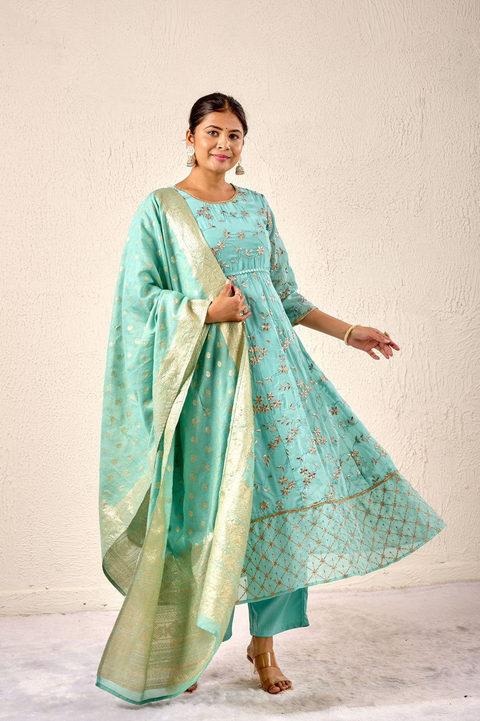 Turquoise Embroidered Anarkali Suit with Banarasi Dupatta