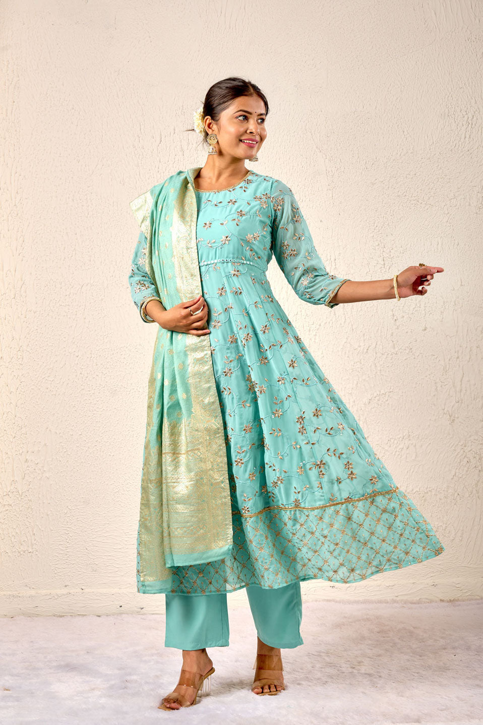Turquoise Embroidered Anarkali Suit with Banarasi Dupatta