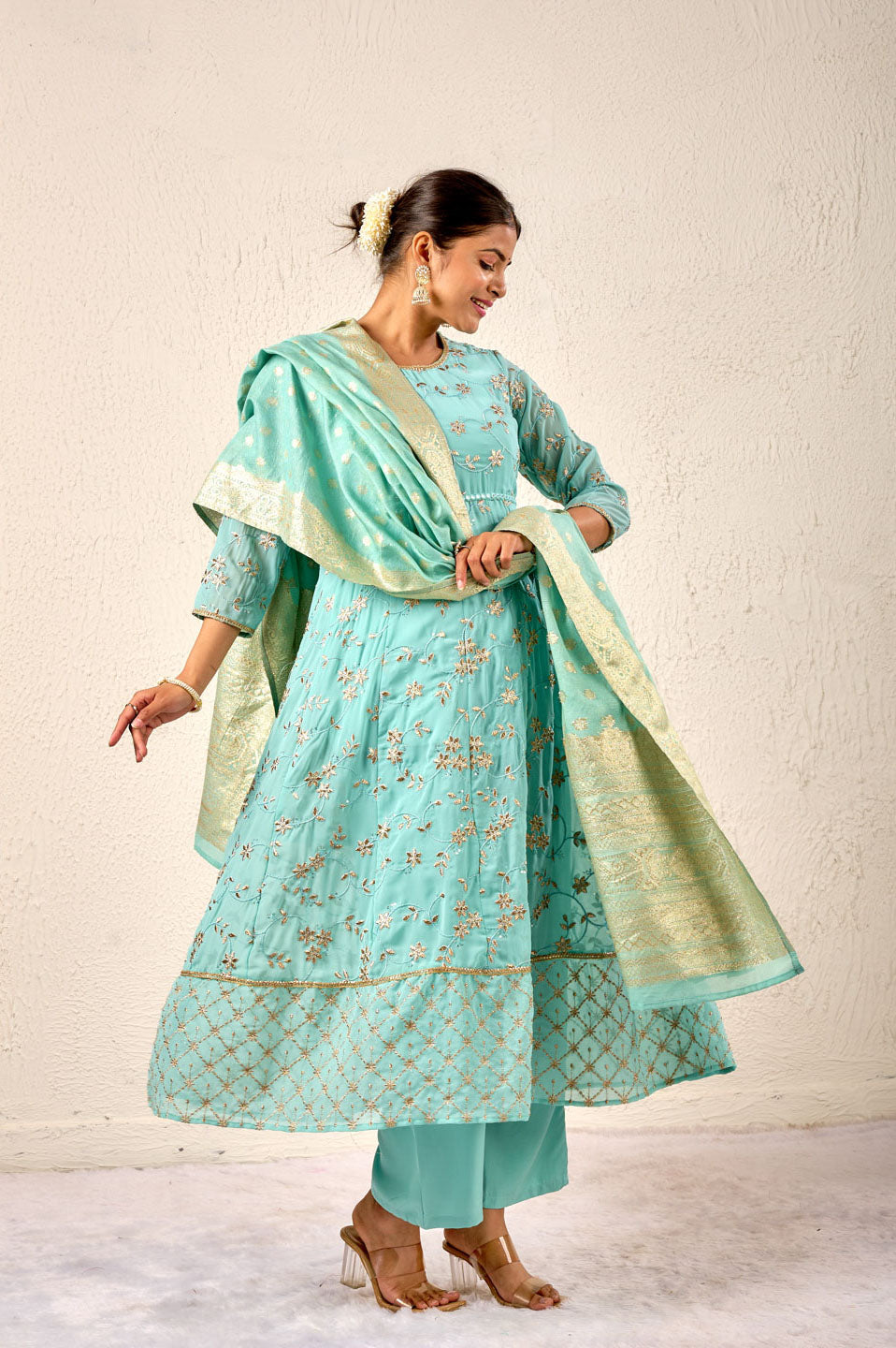 Turquoise Embroidered Anarkali Suit with Banarasi Dupatta