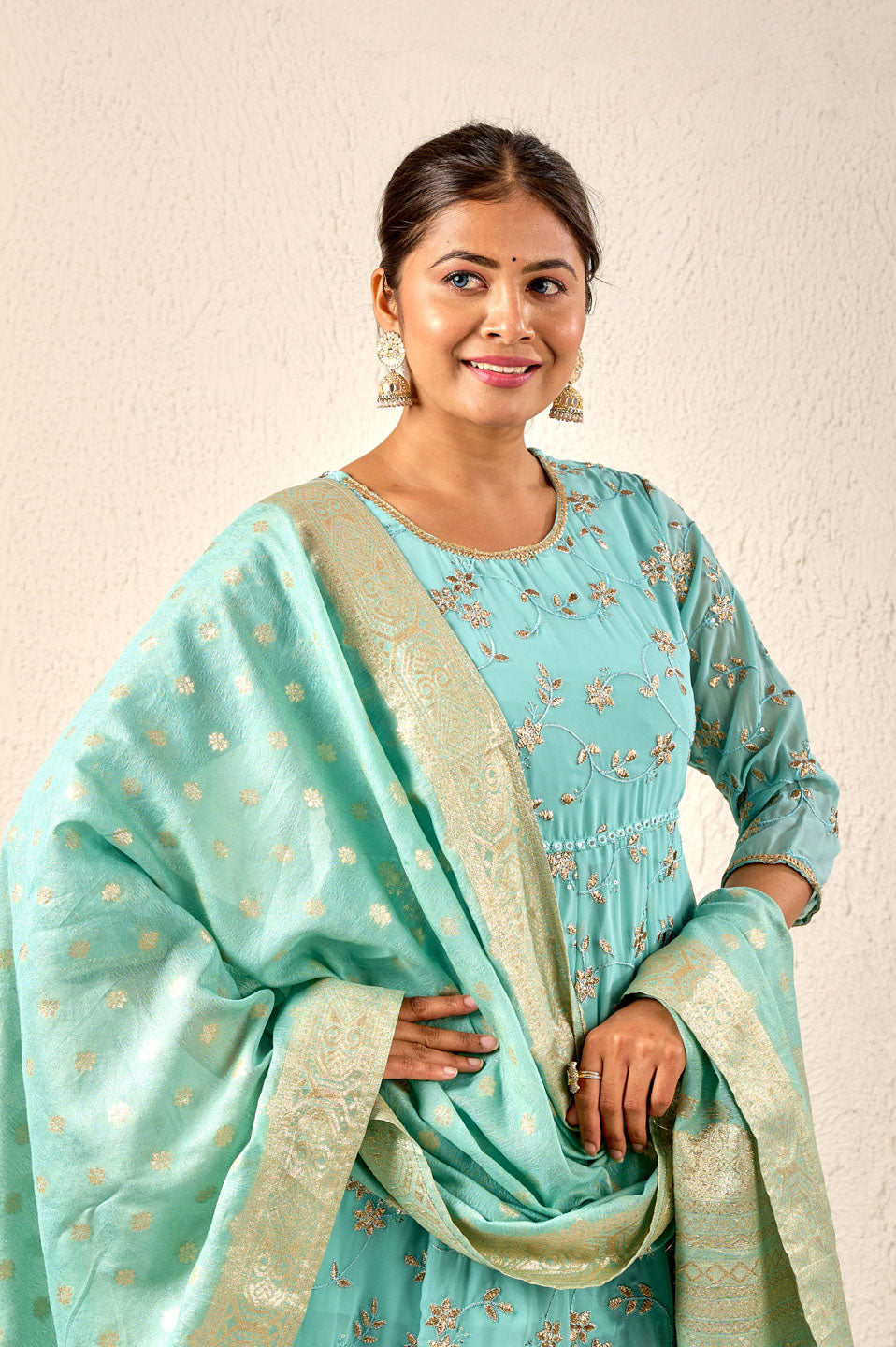 Turquoise Embroidered Anarkali Suit with Banarasi Dupatta