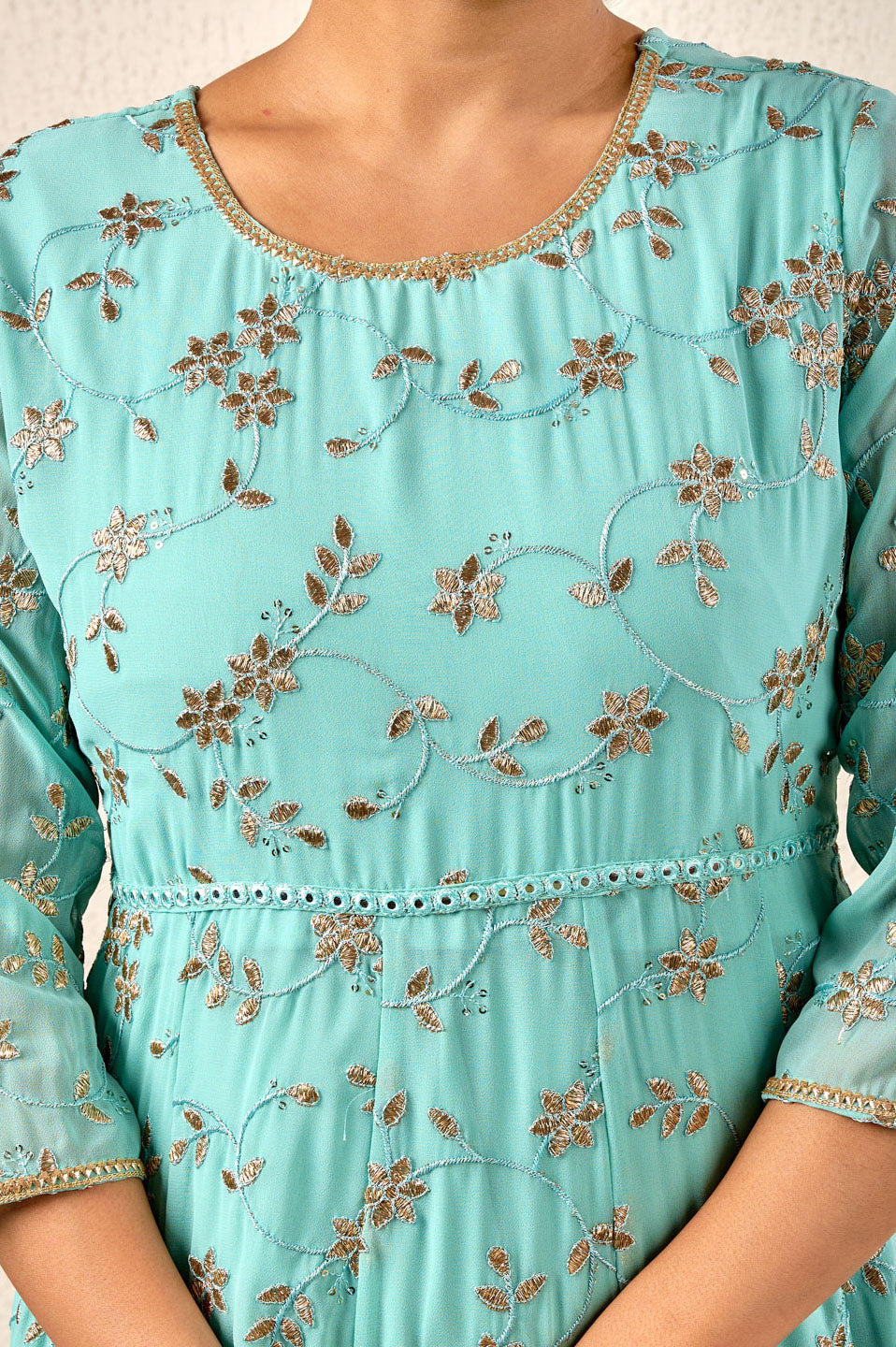 Turquoise Embroidered Anarkali Suit with Banarasi Dupatta
