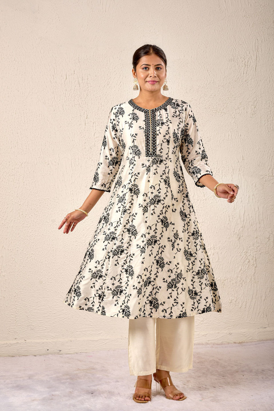 Classic Ivory & Black Floral Printed Kurta Set with Dupatta