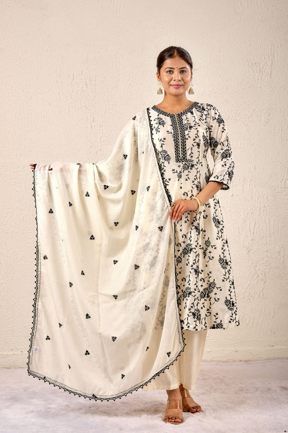 Classic Ivory & Black Floral Printed Kurta Set with Dupatta