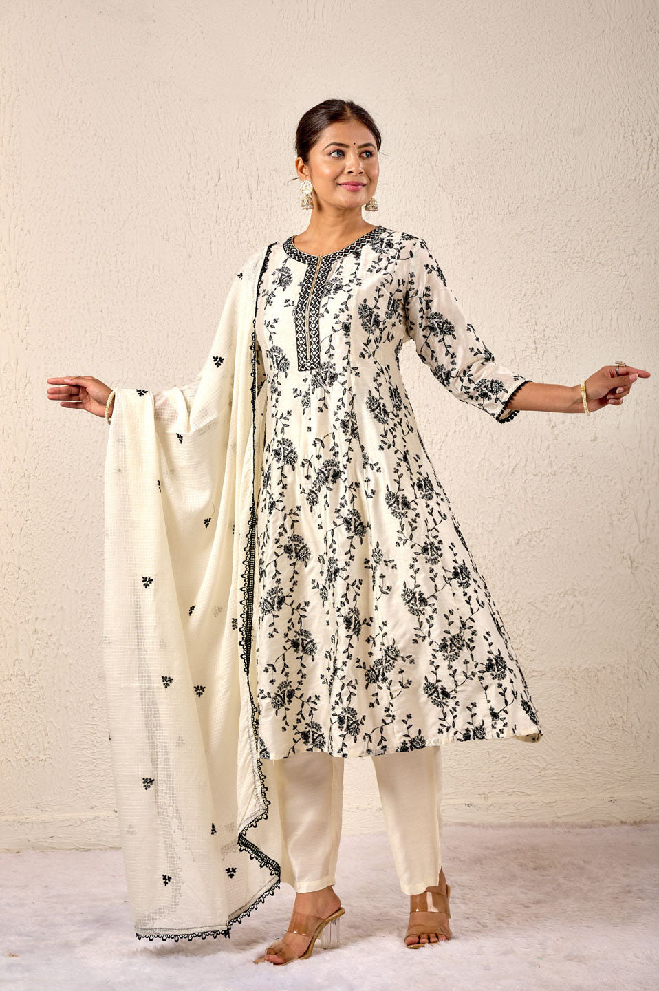 Classic Ivory & Black Floral Printed Kurta Set with Dupatta