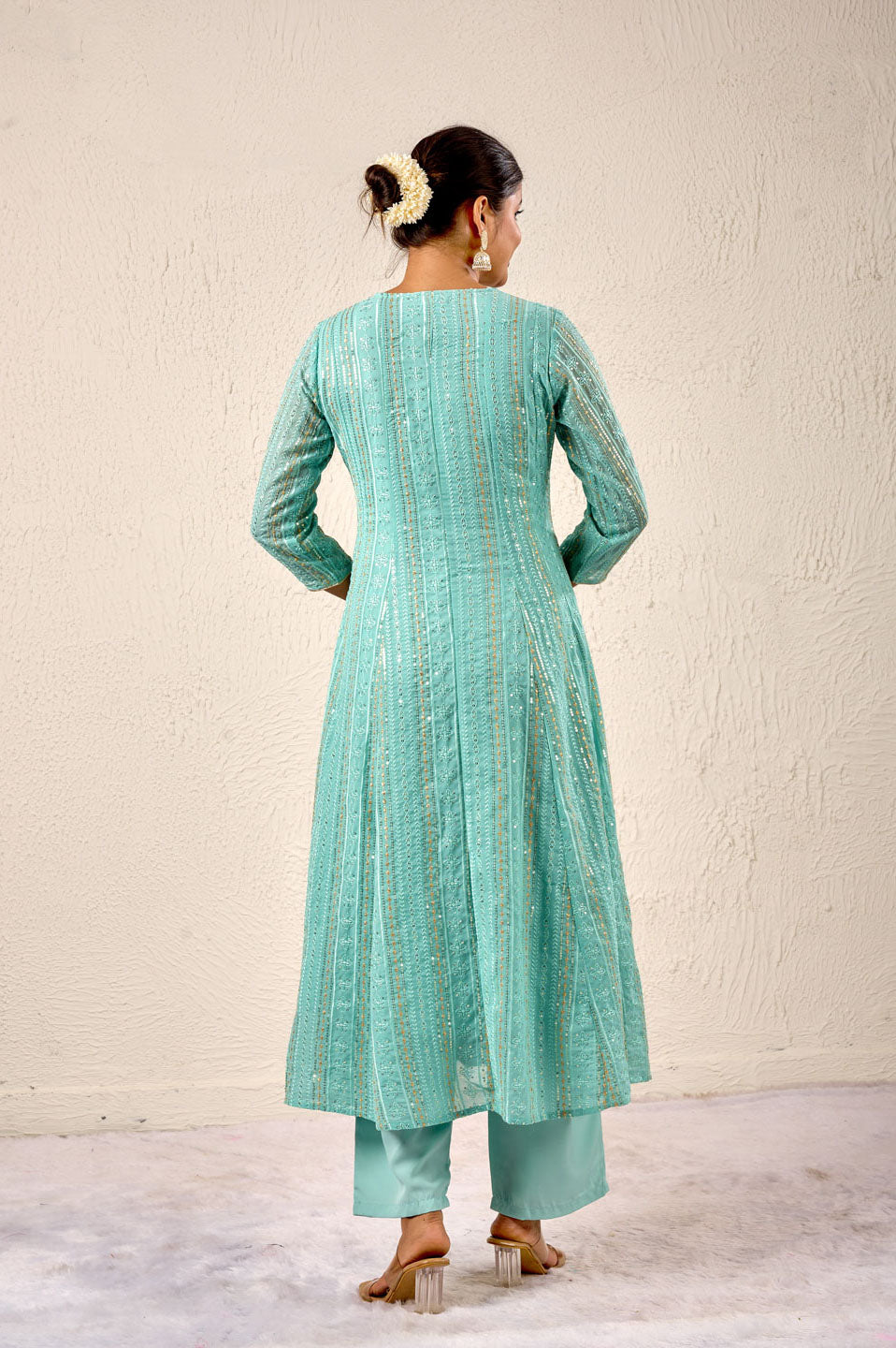Elegant Aqua Blue Sequin Embroidered Kurta Set with Dupatta