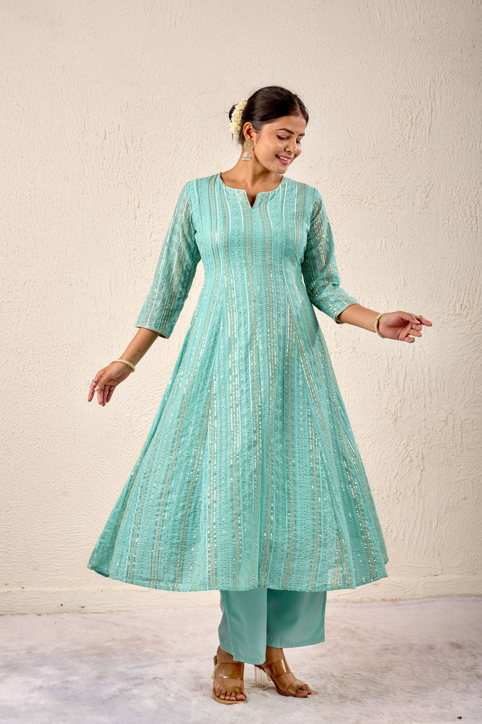 Elegant Aqua Blue Sequin Embroidered Kurta Set with Dupatta