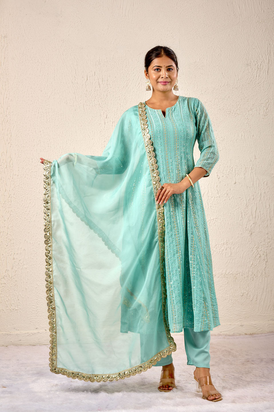 Elegant Aqua Blue Sequin Embroidered Kurta Set with Dupatta