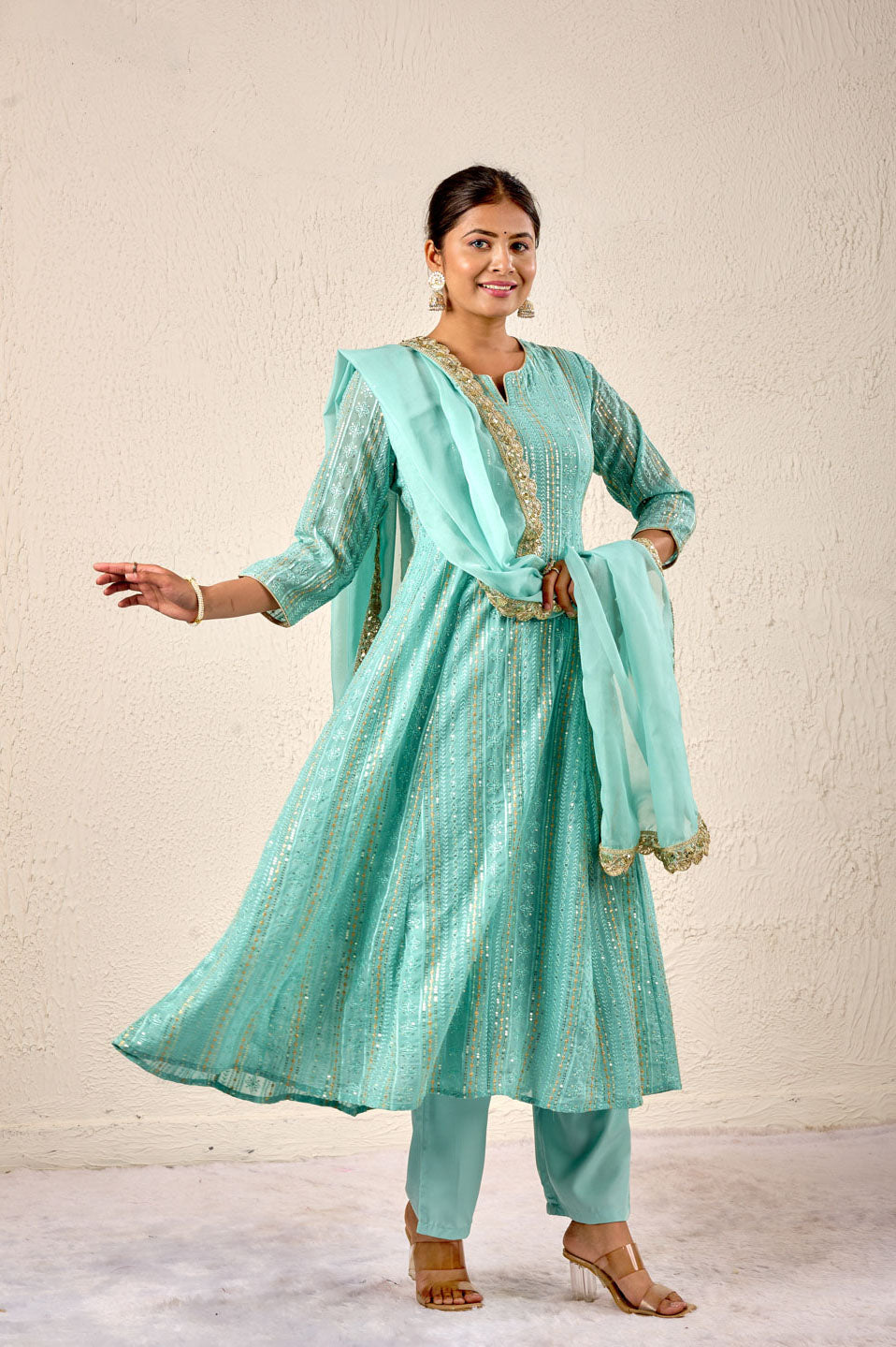 Elegant Aqua Blue Sequin Embroidered Kurta Set with Dupatta