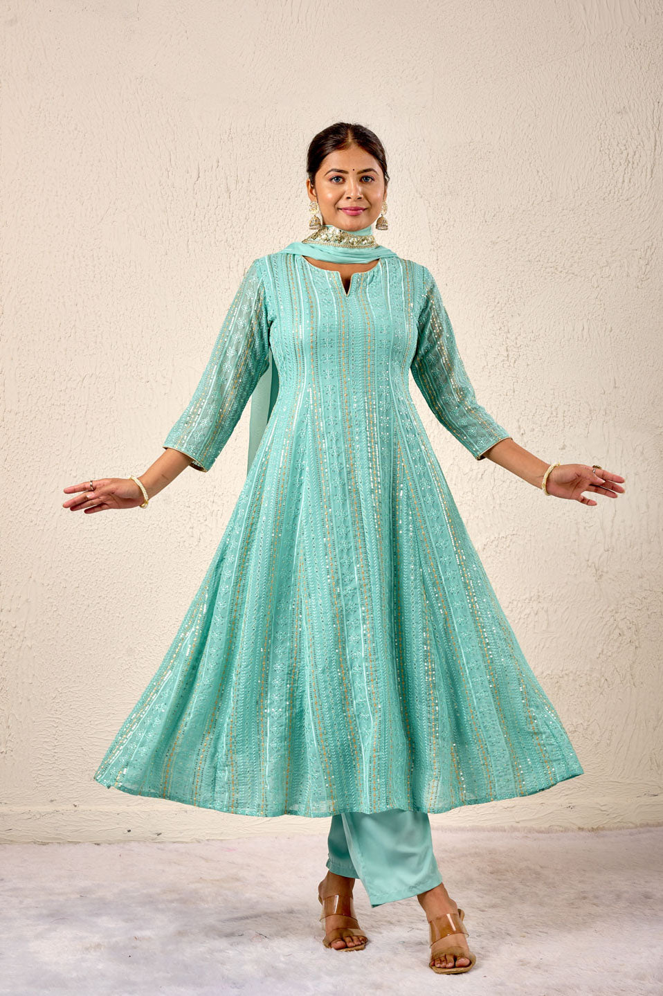 Elegant Aqua Blue Sequin Embroidered Kurta Set with Dupatta