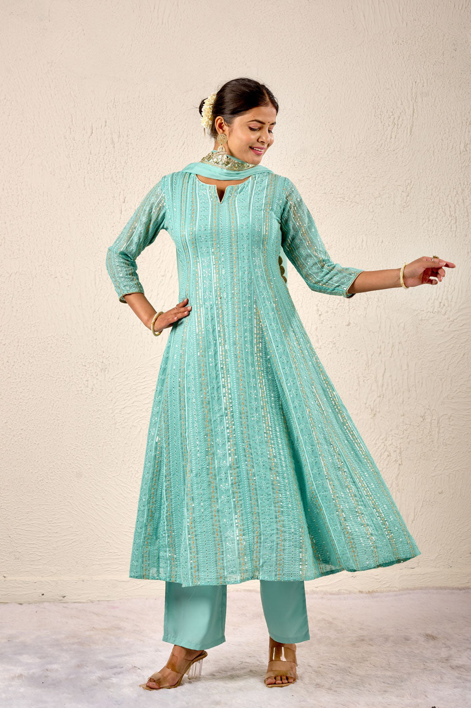 Elegant Aqua Blue Sequin Embroidered Kurta Set with Dupatta