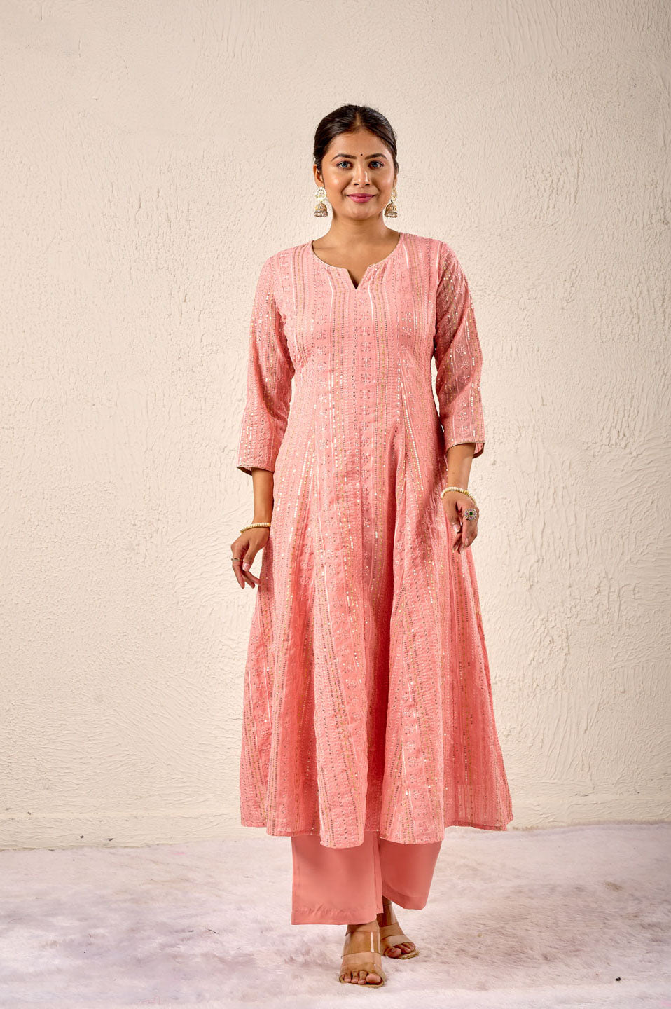 Blush pink sequin embroidered kurta set with dupatta