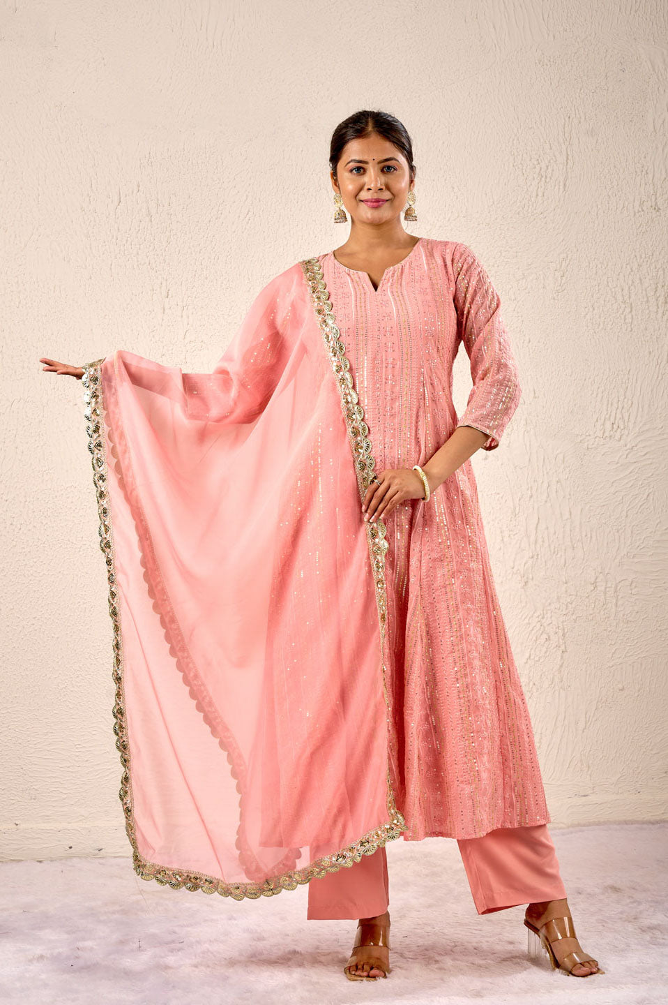 Blush pink sequin embroidered kurta set with dupatta