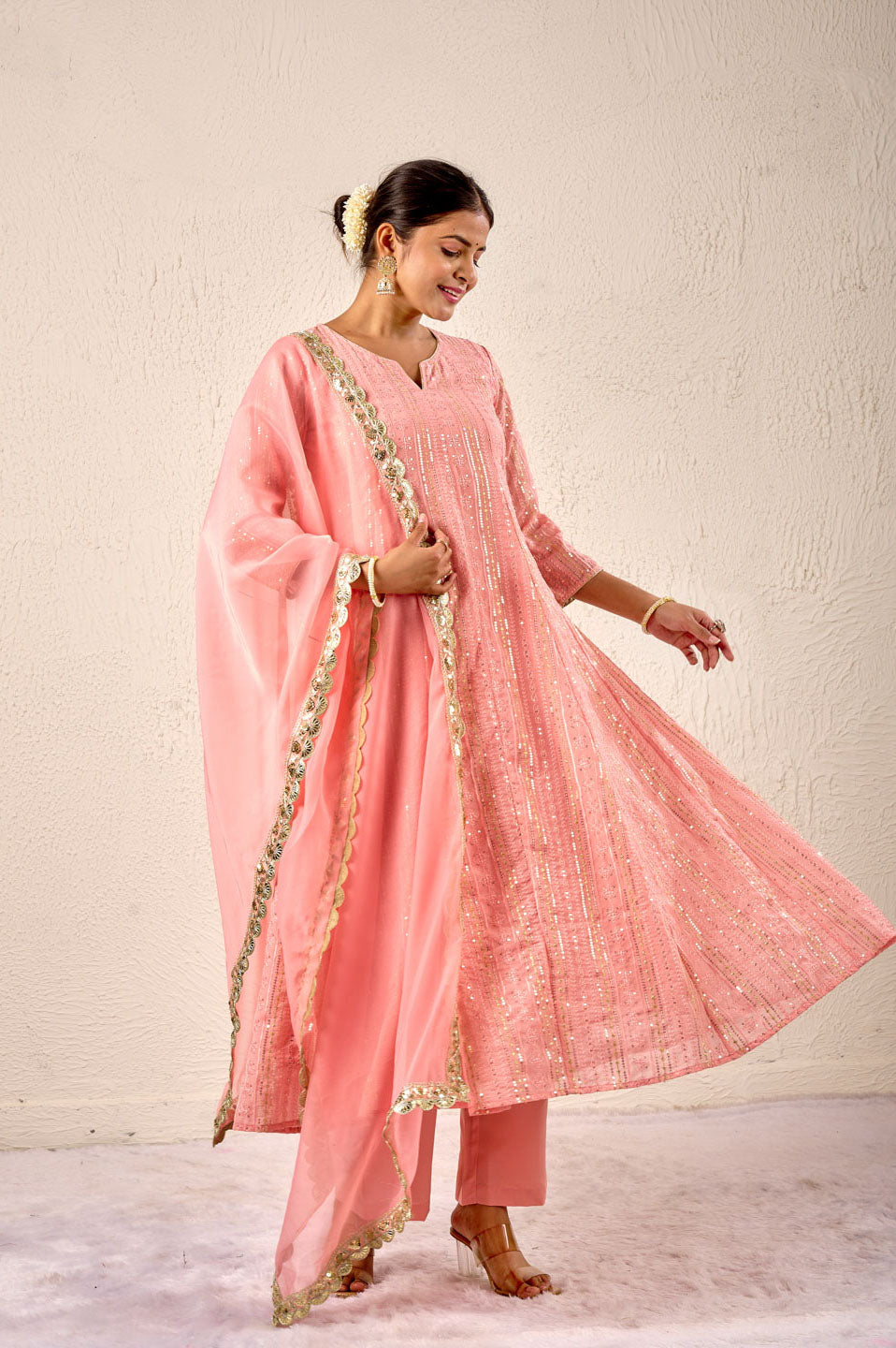 Blush pink sequin embroidered kurta set with dupatta