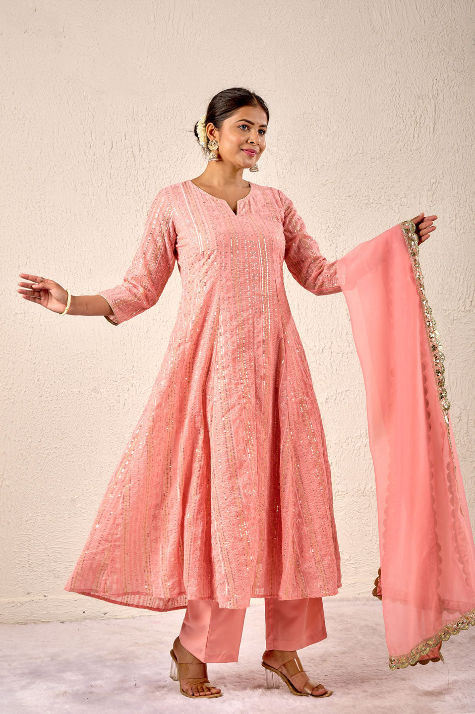 Blush pink sequin embroidered kurta set with dupatta