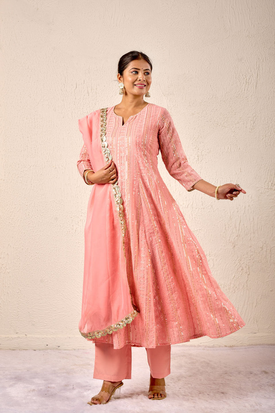 Blush pink sequin embroidered kurta set with dupatta