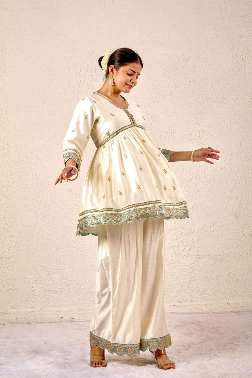 Ivory & Mint Embroidered Sharara Set